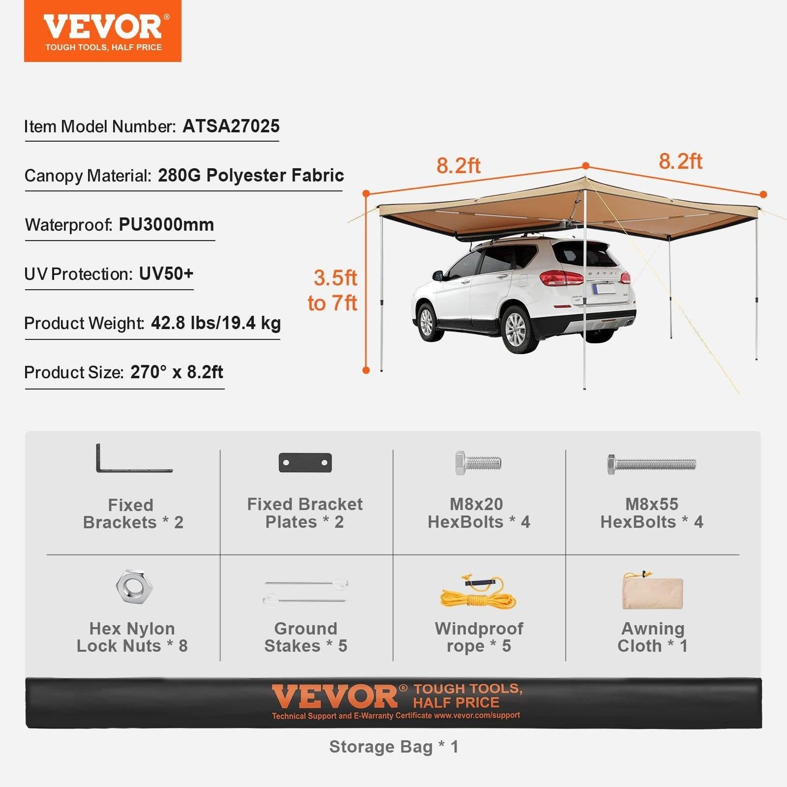 image-VEVOR Vehicle Awning 270 Degree, 8.2' Height Retractable Car Side Awning, PU3000mm UV50+ Car Awning with Waterproof Storage Bag, Suitable for Truck, SUV, Van, Campers