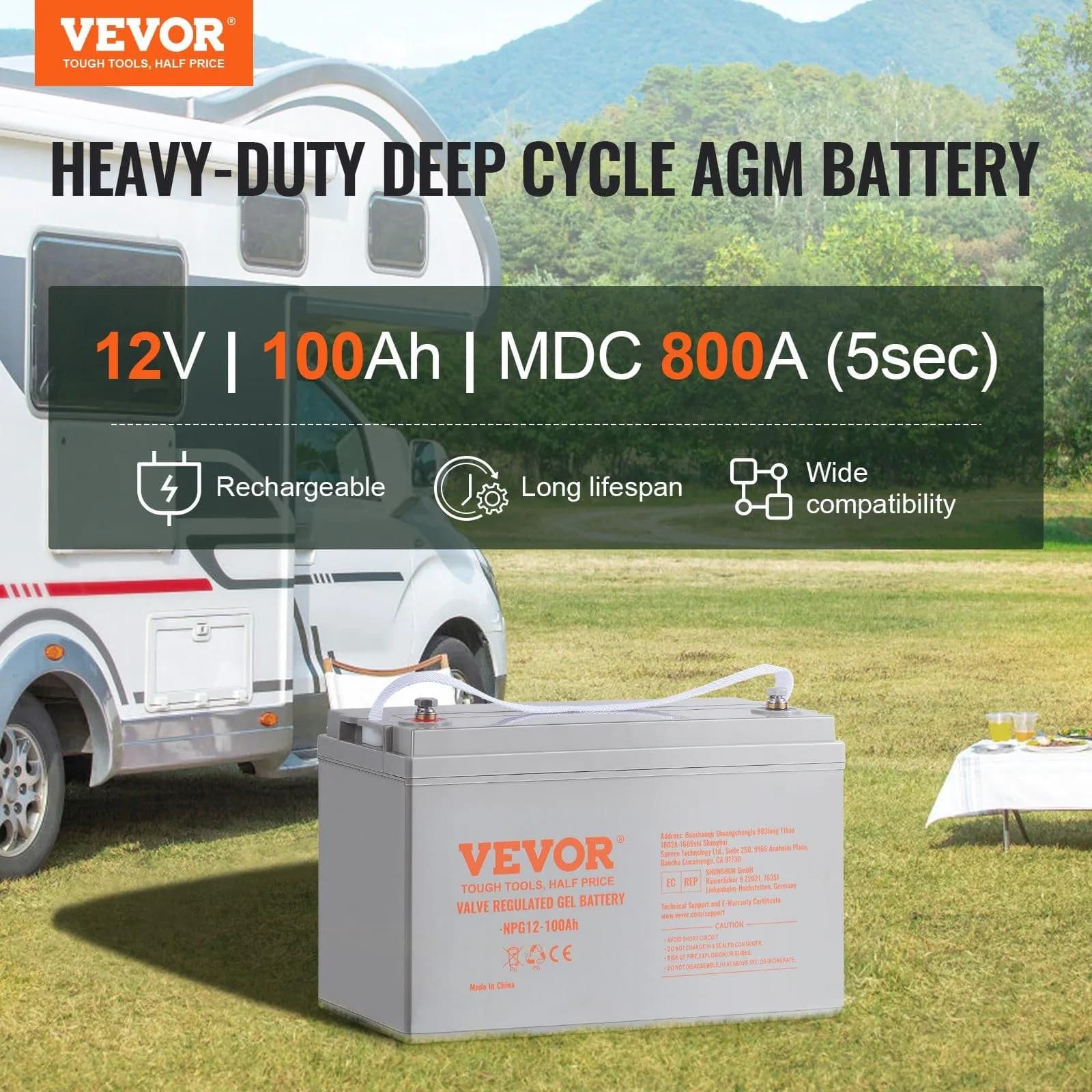 image-VEVOR Deep Cycle Battery, 12V 100 AH, AGM Marine Rechargeable Battery, High Self-Discharge Rate 800A Current, for RV Solar Marine Off-Grid Applications UPS Backup Power System