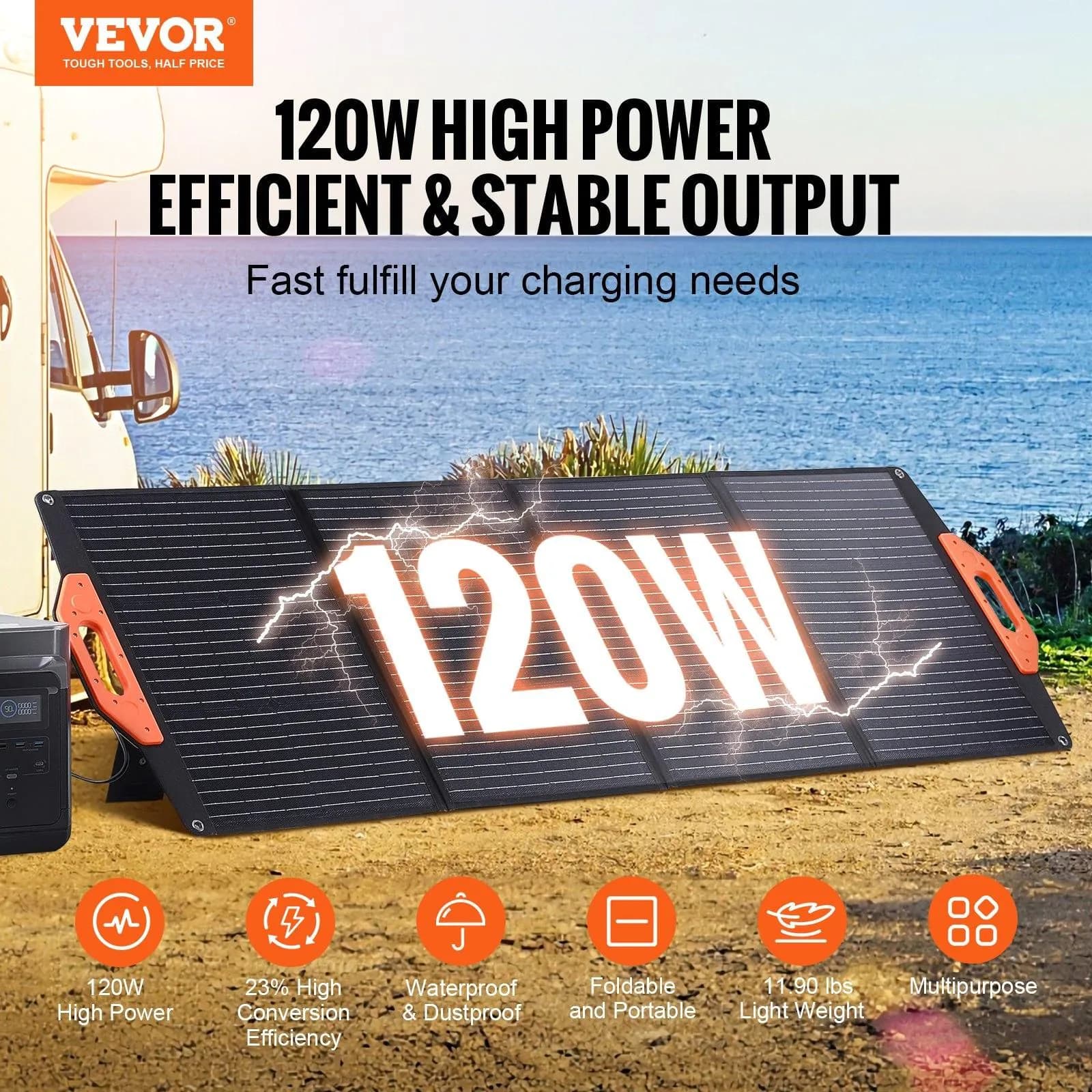image-VEVOR Portable Monocrystalline Solar Panel, Monocrystallin120W Foldable e ETFE Solar Charger, 23% Efficiency Solar Panel with Type C, DC 18V, QC3.0 USB Port, IP67 Waterproof for Home, Off Grid, Hiking