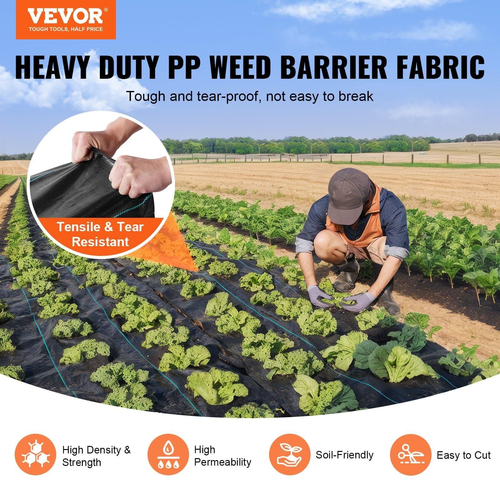 image-VEVOR 5FTx250FT Premium Heavy Duty Weed Barrier Landscape Fabric, 5OZ Woven Geotextile Fabric Under Gravel, High Permeability for Weed Blocker Weed Mat, Driveway Fabric, Weed Control Garden Cloth