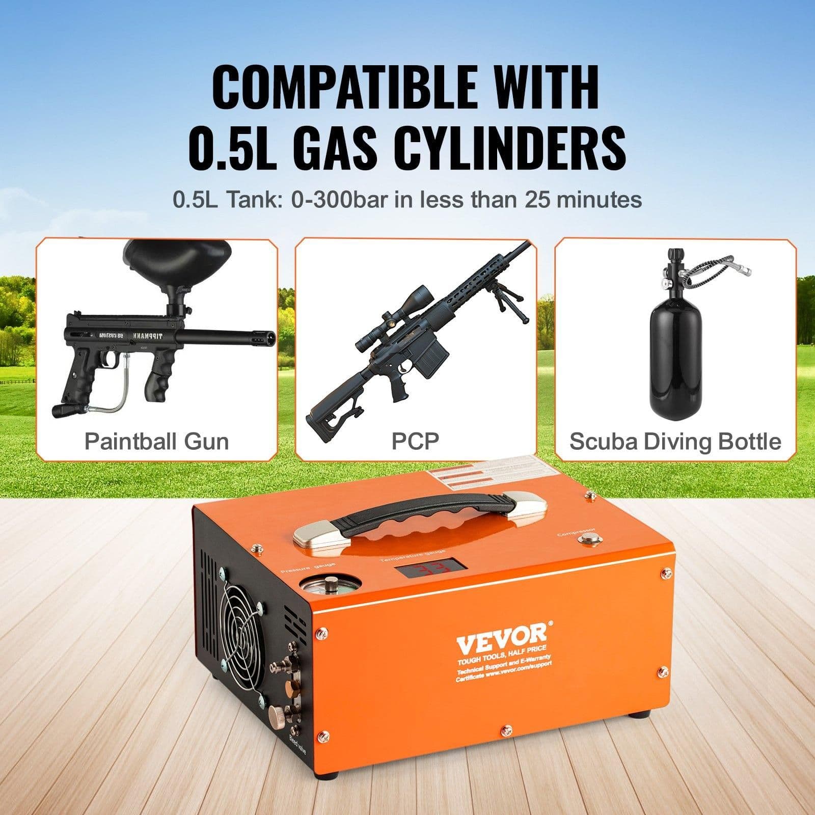 image-VEVOR PCP Air Compressor, 4500PSI Portable PCP Airgun Compressor with Built-in Converter, Auto-Stop | DC12V/AC120V | Oil & Water-Free Paintball Tank Compressor Pump for Air Rifle, Scuba Diving Bottle