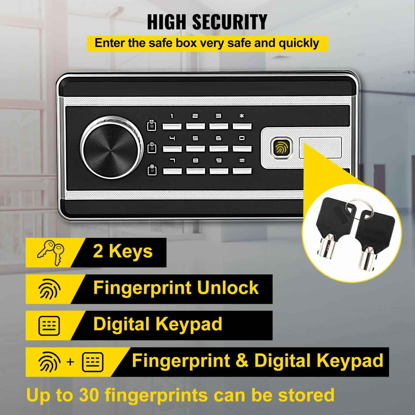 image-VEVOR Safe Box, 0.8 CU.FT Fingerprint Safe Box for Money with 2 Keys & Digital Keypad, Q235 Steel Safe Box for Storing Cash, Jewelry, Pistols, Documents, Watches in Home & Office & Hotel
