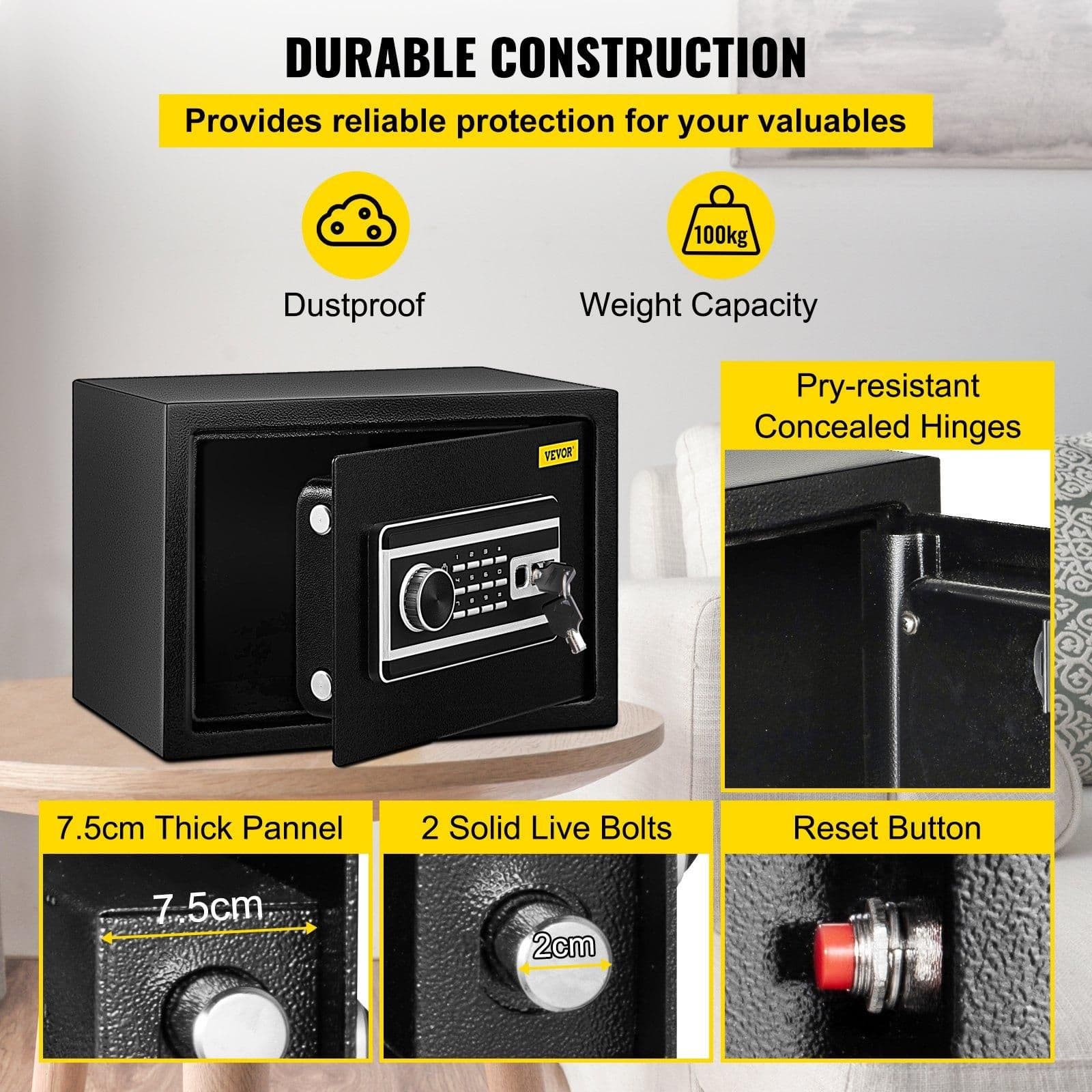 image-VEVOR Safe Box, 0.8 CU.FT Fingerprint Safe Box for Money with 2 Keys & Digital Keypad, Q235 Steel Safe Box for Storing Cash, Jewelry, Pistols, Documents, Watches in Home & Office & Hotel