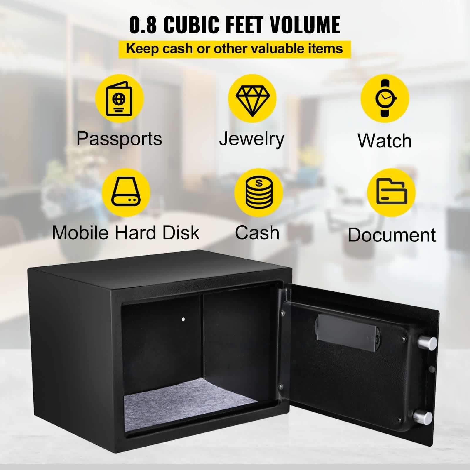 image-VEVOR Safe Box, 0.8 CU.FT Fingerprint Safe Box for Money with 2 Keys & Digital Keypad, Q235 Steel Safe Box for Storing Cash, Jewelry, Pistols, Documents, Watches in Home & Office & Hotel