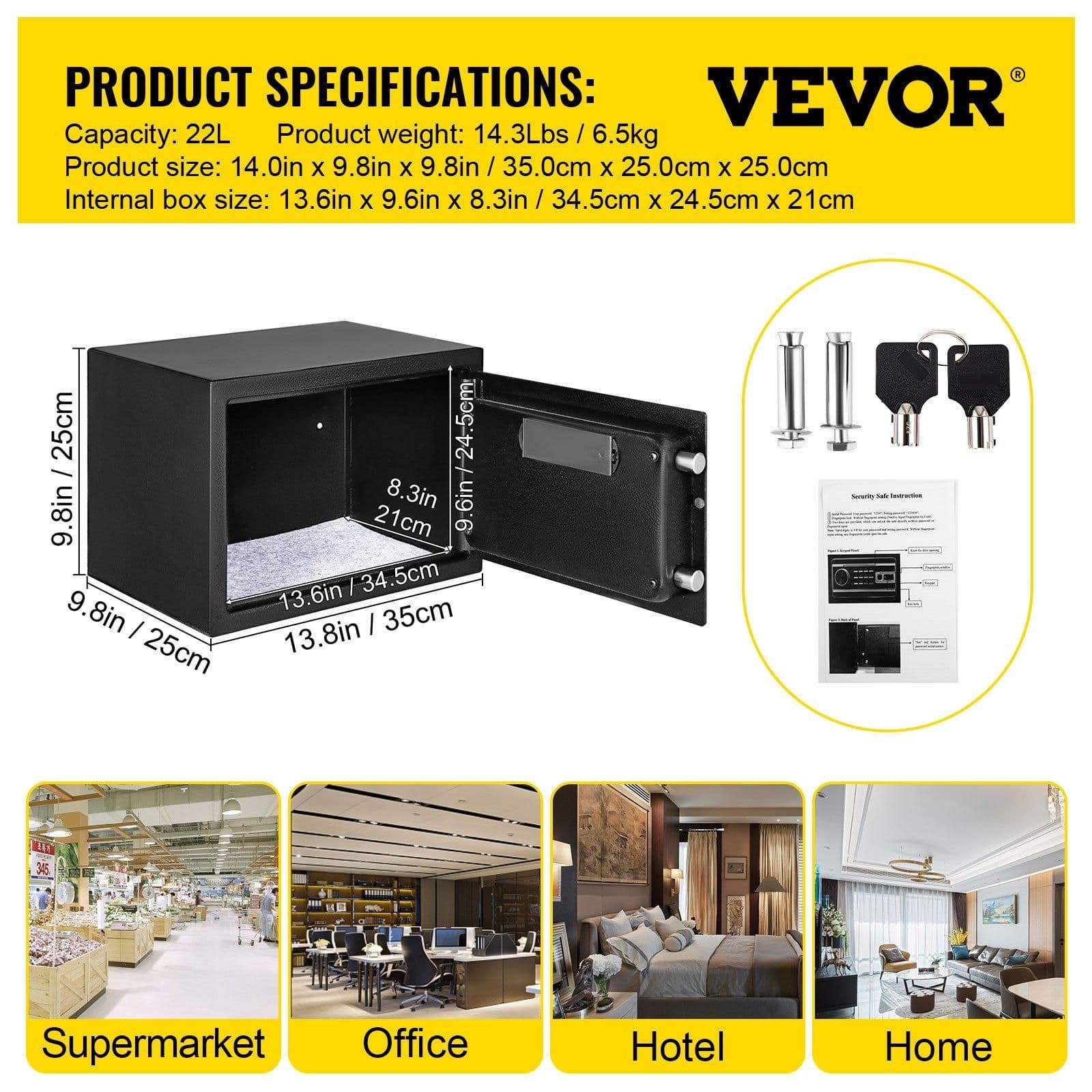 image-VEVOR Safe Box, 0.8 CU.FT Fingerprint Safe Box for Money with 2 Keys & Digital Keypad, Q235 Steel Safe Box for Storing Cash, Jewelry, Pistols, Documents, Watches in Home & Office & Hotel