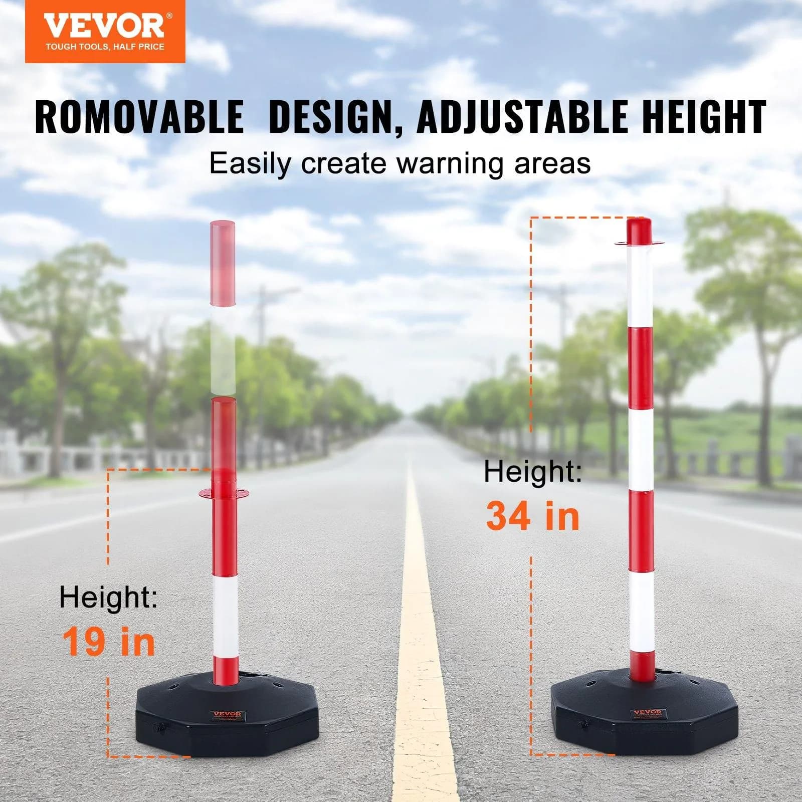 image-VEVOR Adjustable Traffic Delineator Post Cones, 6 Pack, Traffic Safety Delineator Barrier with Fillable Base 6.6FT Chain, for Traffic Control Warning Parking Lot Construction Caution Roads, Red&White