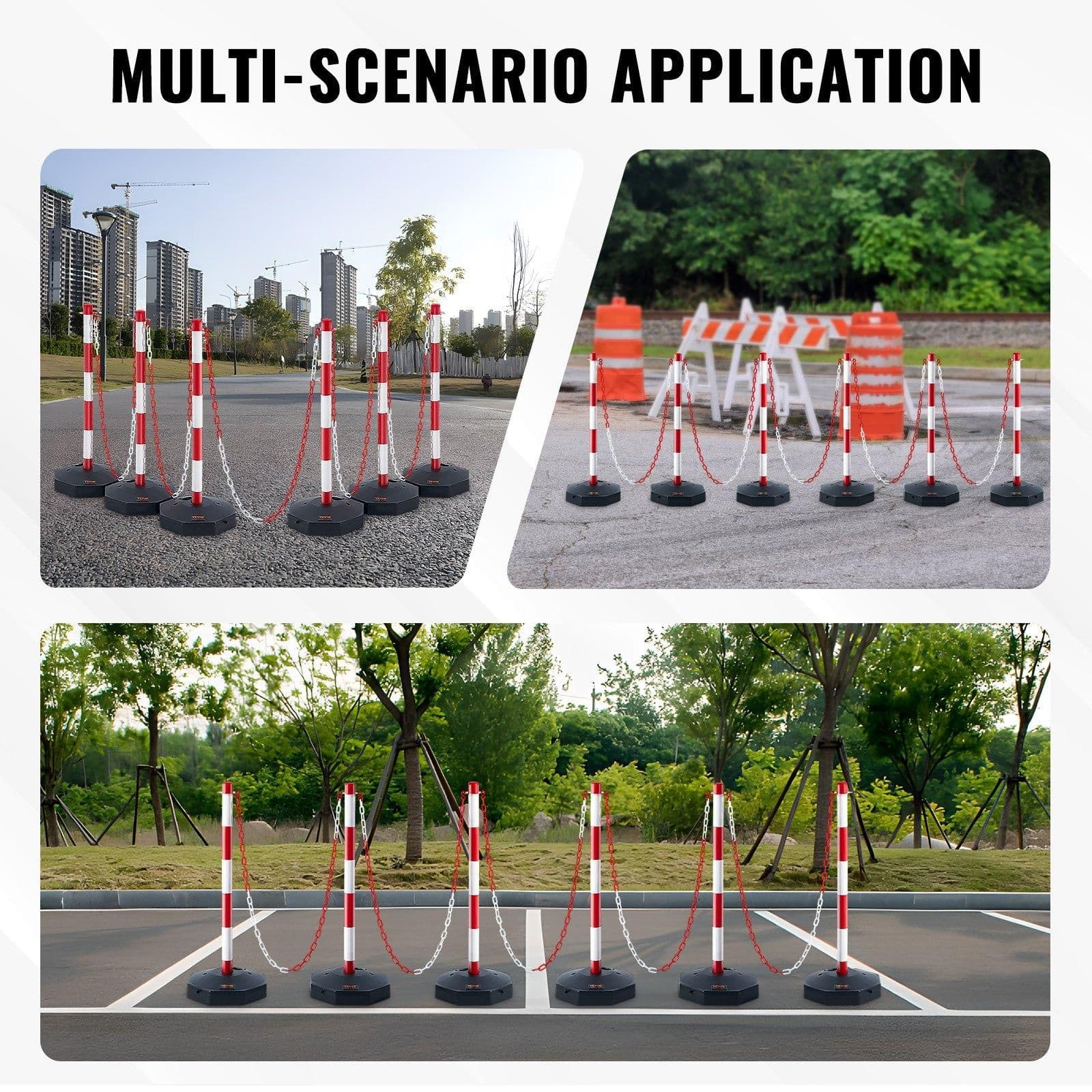 image-VEVOR Adjustable Traffic Delineator Post Cones, 6 Pack, Traffic Safety Delineator Barrier with Fillable Base 6.6FT Chain, for Traffic Control Warning Parking Lot Construction Caution Roads, Red&White