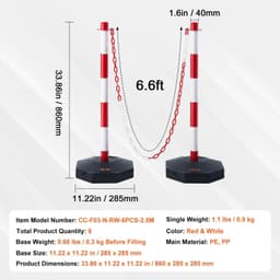 image-VEVOR Adjustable Traffic Delineator Post Cones, 6 Pack, Traffic Safety Delineator Barrier with Fillable Base 6.6FT Chain, for Traffic Control Warning Parking Lot Construction Caution Roads, Red&White