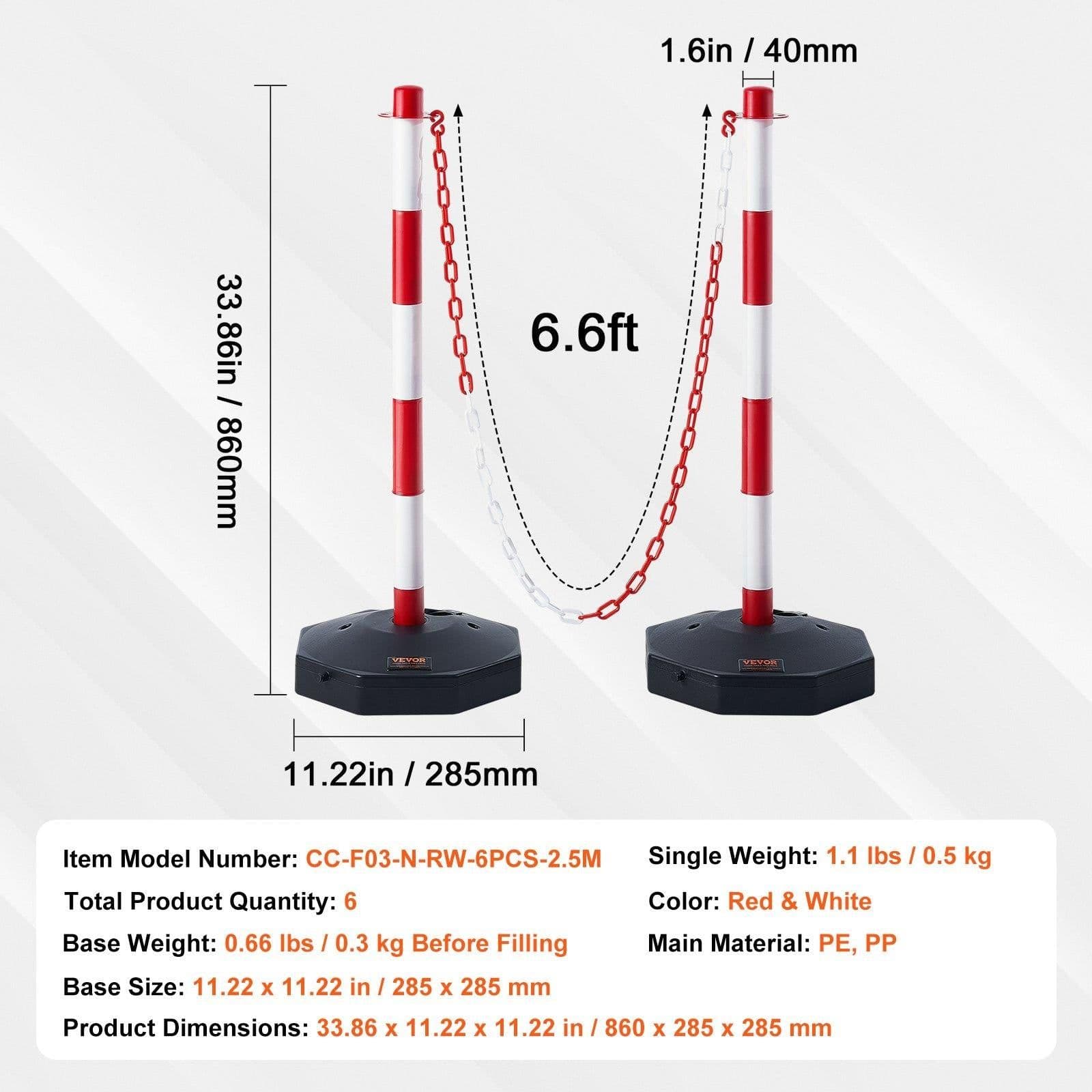 image-VEVOR Adjustable Traffic Delineator Post Cones, 6 Pack, Traffic Safety Delineator Barrier with Fillable Base 6.6FT Chain, for Traffic Control Warning Parking Lot Construction Caution Roads, Red&White