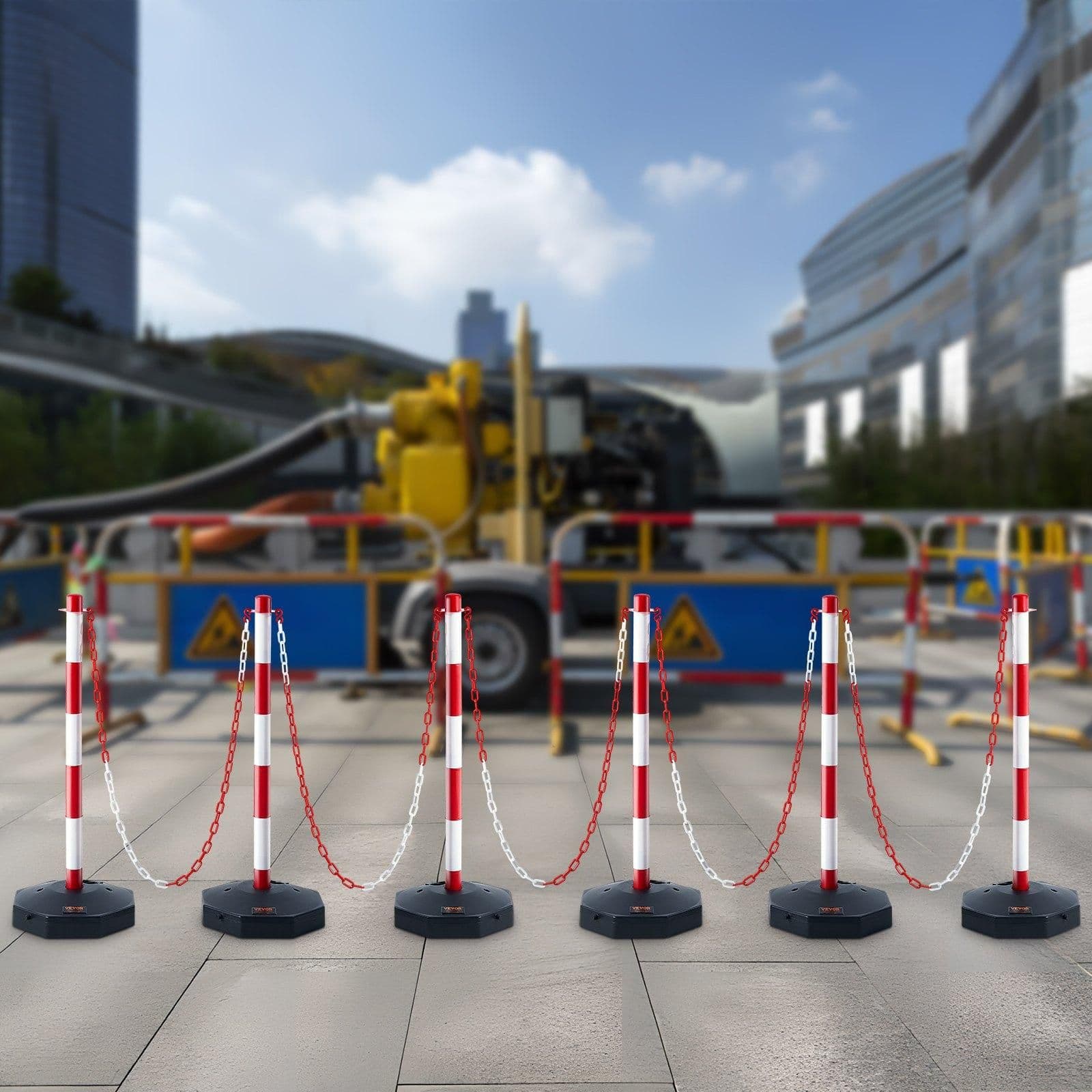 image-VEVOR Adjustable Traffic Delineator Post Cones, 6 Pack, Traffic Safety Delineator Barrier with Fillable Base 6.6FT Chain, for Traffic Control Warning Parking Lot Construction Caution Roads, Red&White