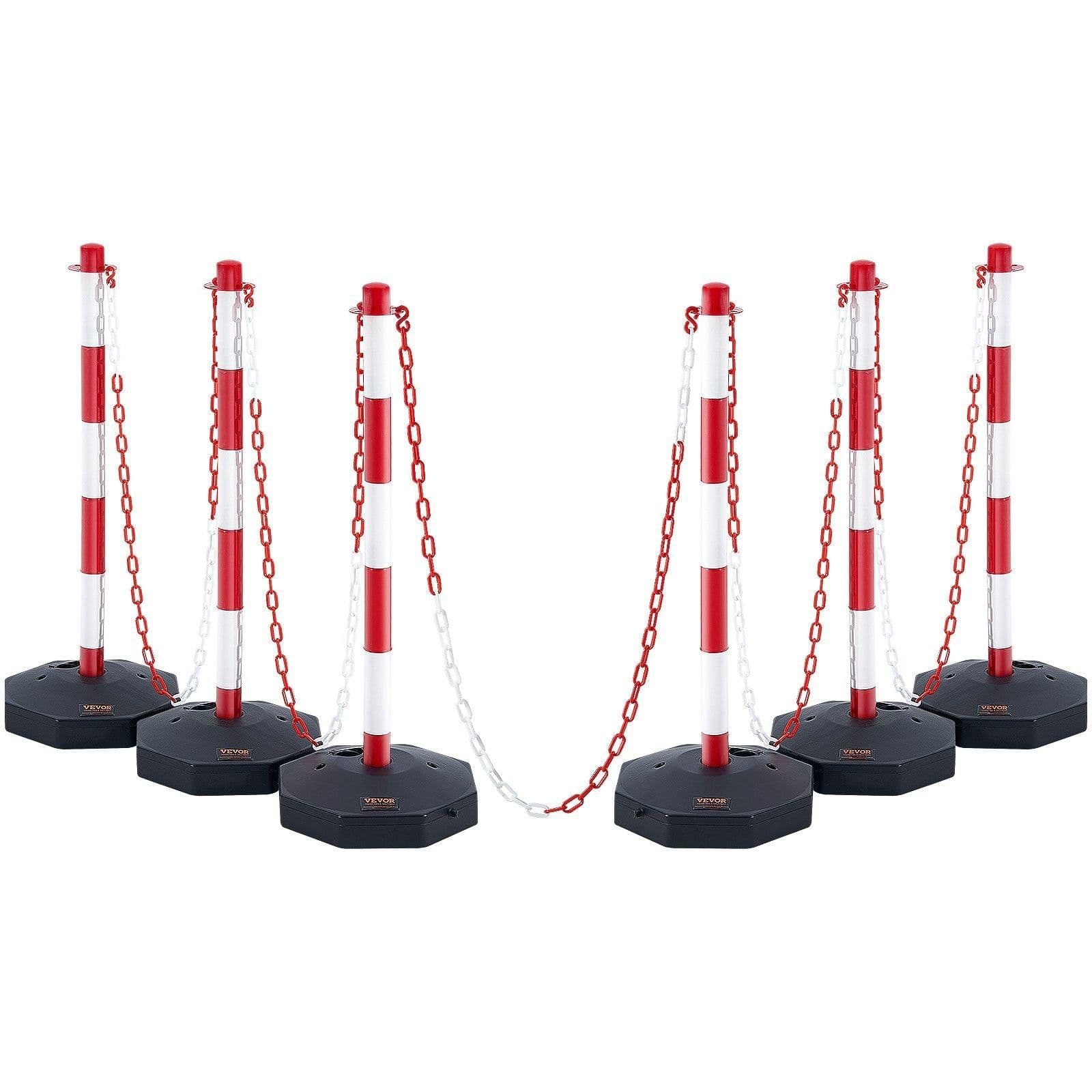 image-VEVOR Adjustable Traffic Delineator Post Cones, 6 Pack, Traffic Safety Delineator Barrier with Fillable Base 6.6FT Chain, for Traffic Control Warning Parking Lot Construction Caution Roads, Red&White