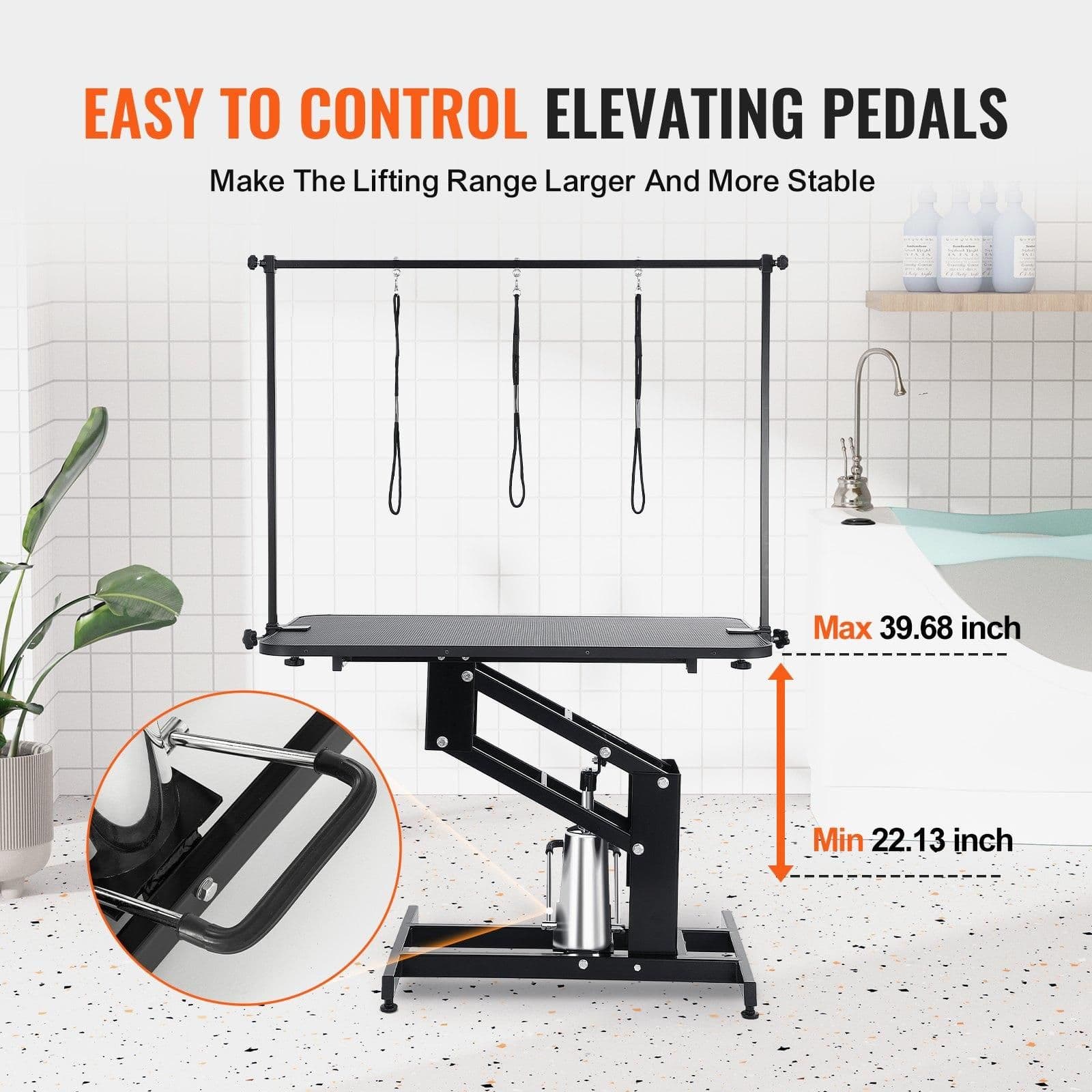 image-VEVOR 43" Hydraulic Pet Grooming Table, Heavy Duty Dog Grooming Arm for Medium/ Small Dogs, Height Adjustable Dog Grooming Station, Anti Slip Tabletop /Dog Grooming Station, Max Bearing 400LBS