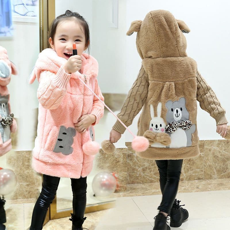 image-Cute cartoon hooded mid-length coat girl warm woolen coat thicken