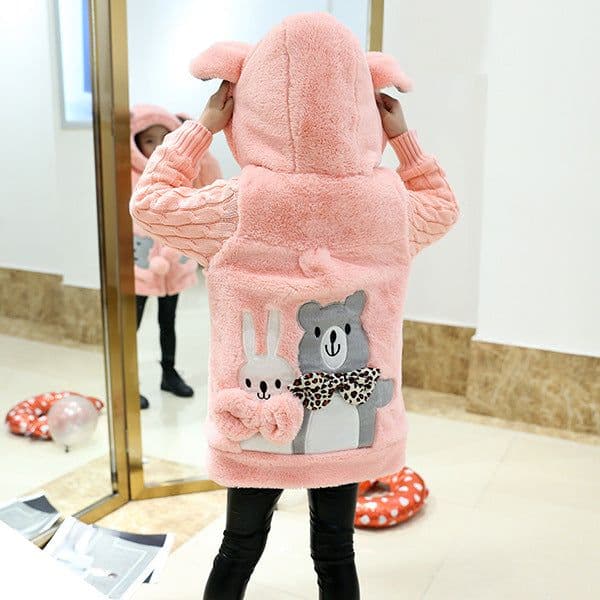 image-Cute cartoon hooded mid-length coat girl warm woolen coat thicken