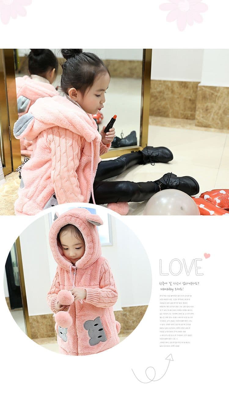 image-Cute cartoon hooded mid-length coat girl warm woolen coat thicken