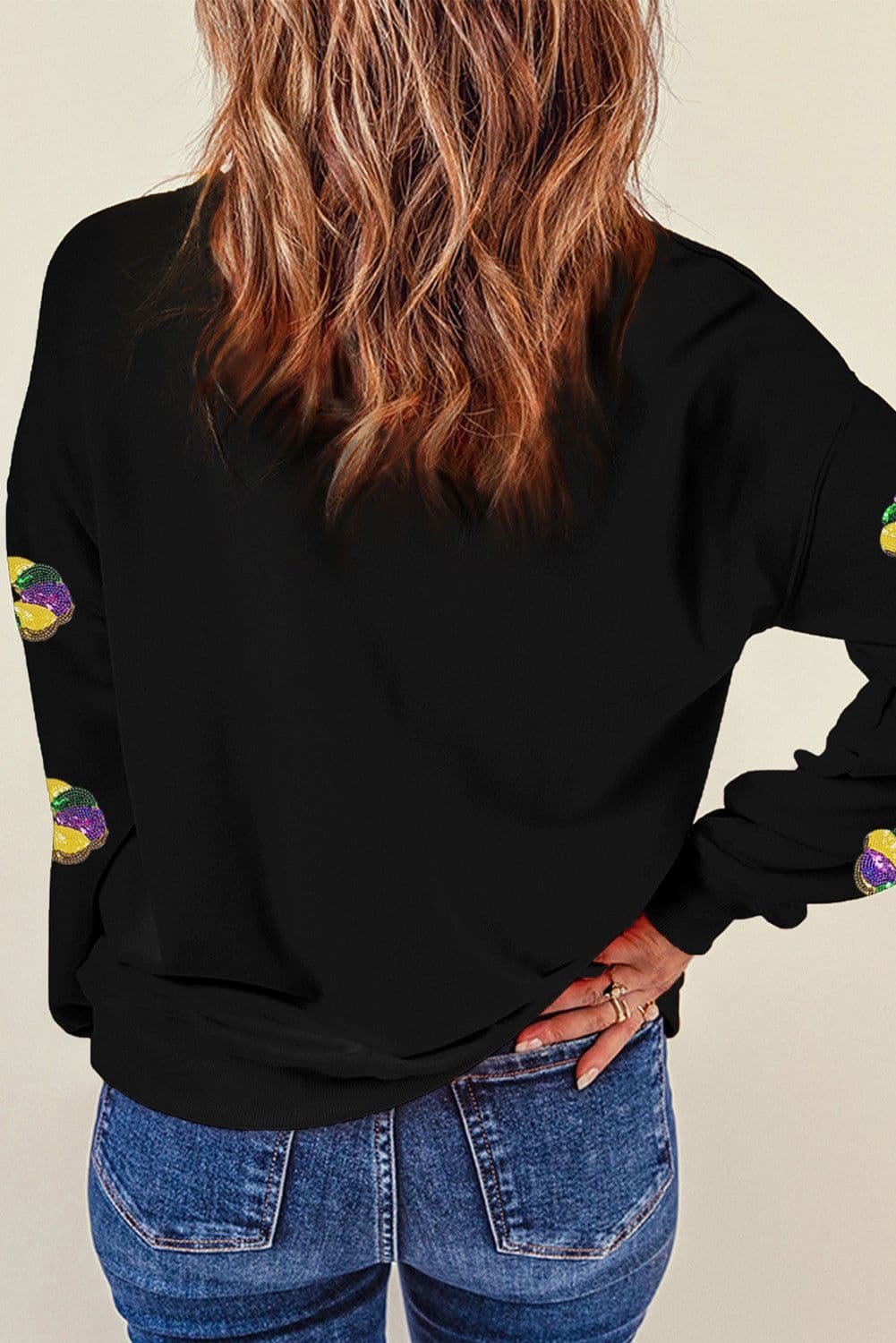 image-Black Sequined Donuts Drop Shoulder Sweatshirt