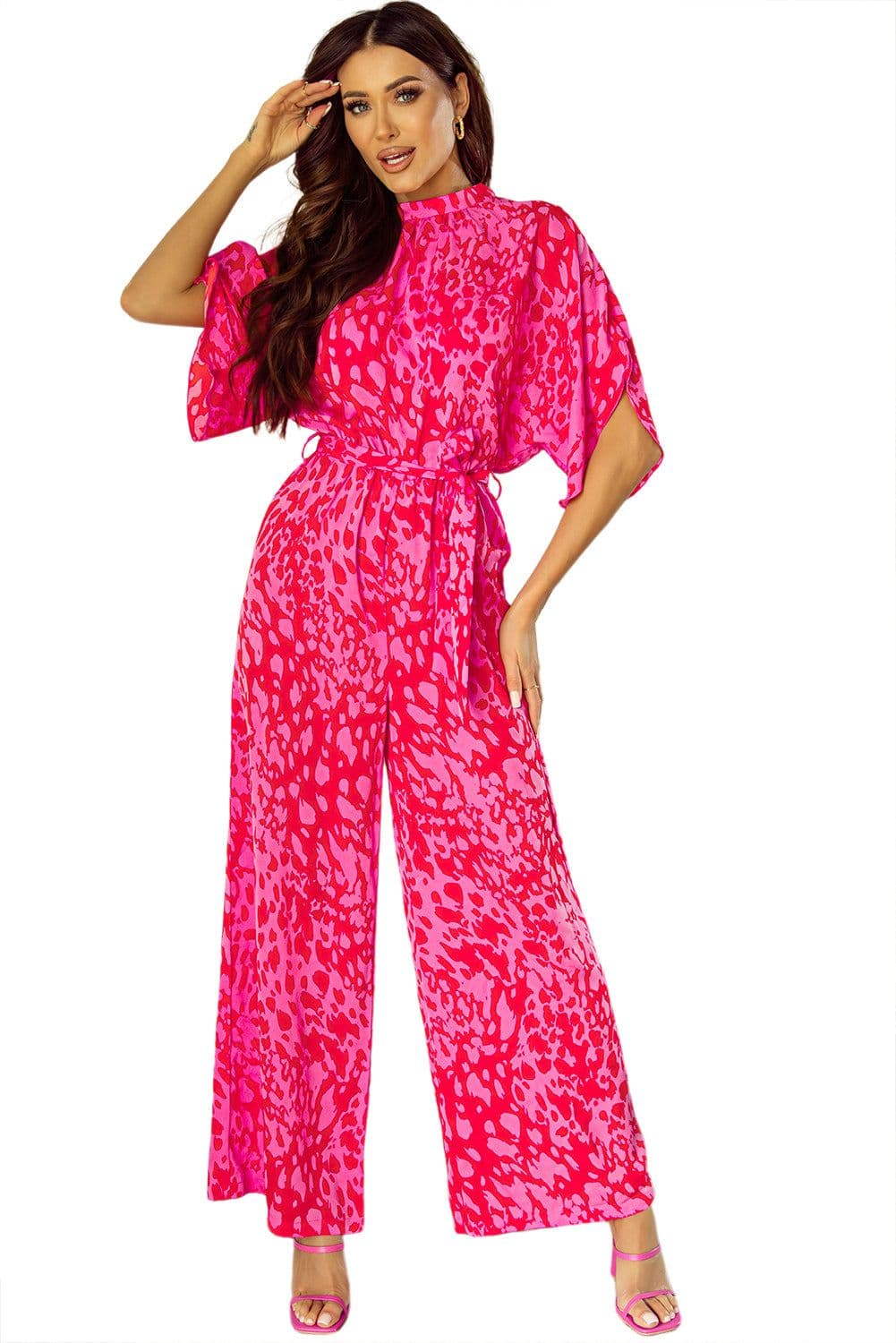 image-Leopard Print Wide Leg Jumpsuit - Rose Belted Loose Fit