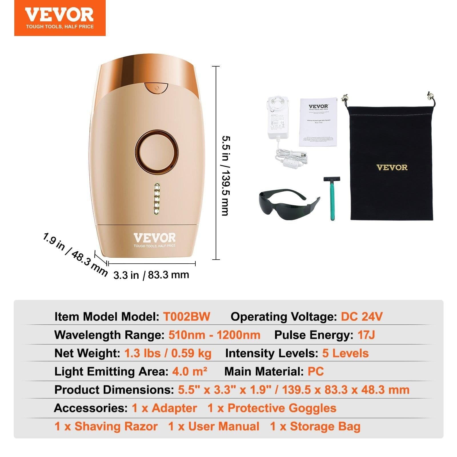 image-VEVOR IPL Hair Removal, Permanent Hair Removal for Women and Men, Auto/Manual Modes & 5 Adjustable Levels, Painless At-Home Hair Removal Device for Legs, Armpits, Bikini Line, Whole Body