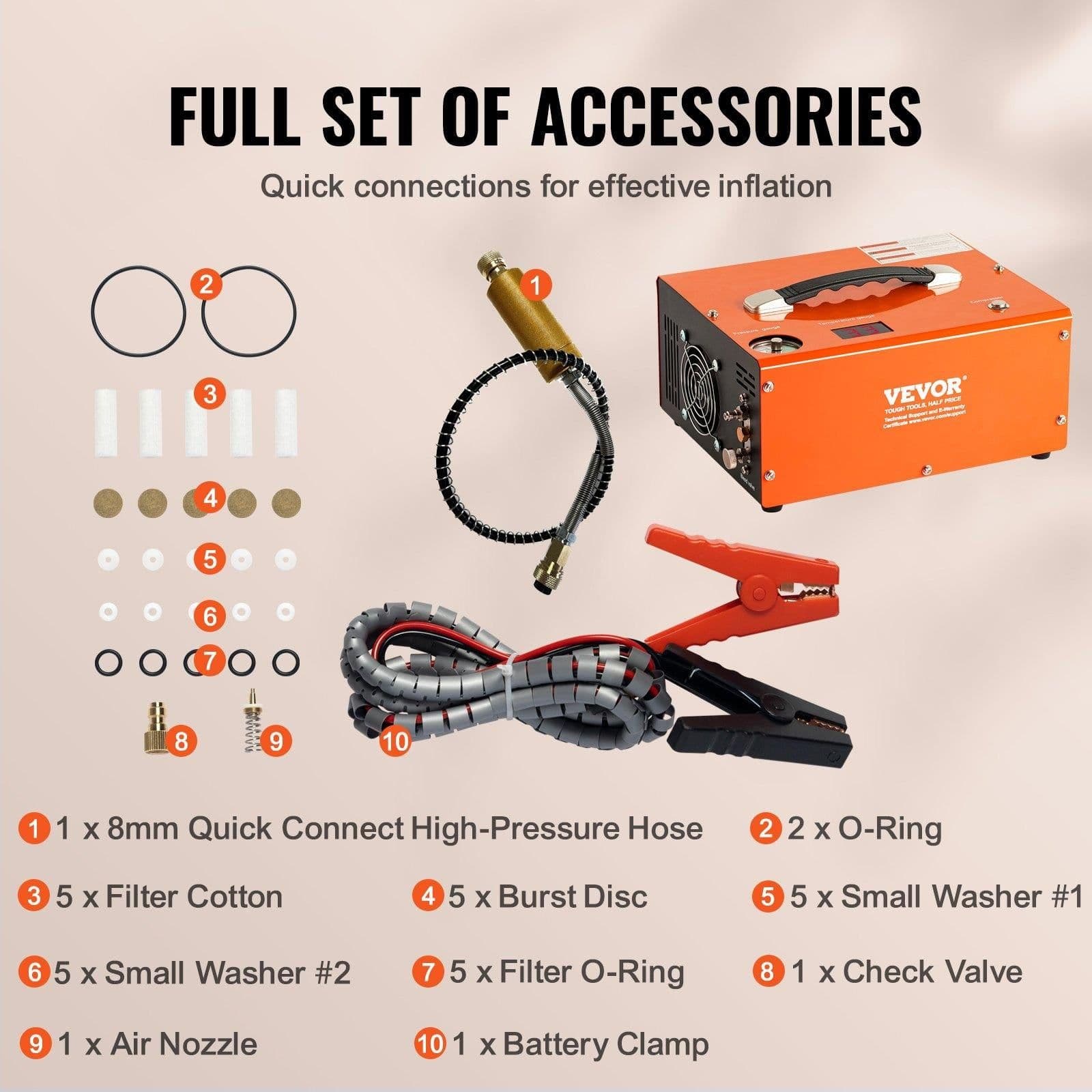 image-VEVOR PCP Air Compressor, 4500PSI Portable PCP Airgun Compressor with Built-in Converter, Auto-Stop | DC12V/AC120V | Oil & Water-Free Paintball Tank Compressor Pump for Air Rifle, Scuba Diving Bottle