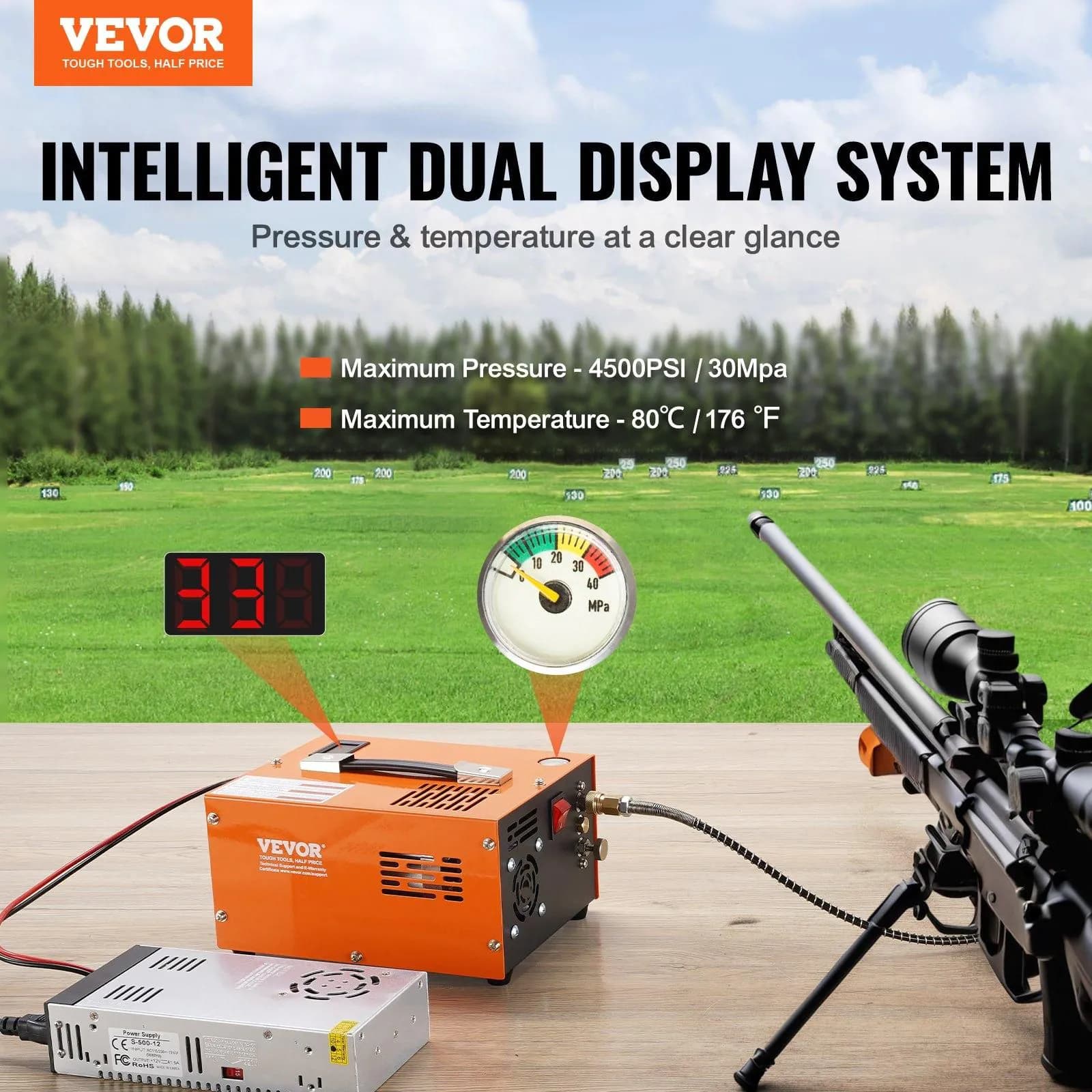 image-VEVOR PCP Air Compressor, 4500PSI/30Mpa Portable PCP Airgun Compressor with External Converter, DC12V, AC115V | Oil & Water-Free | Manual-Stop Air Rifle, Paintball and Scuba Tank Compressor Pump