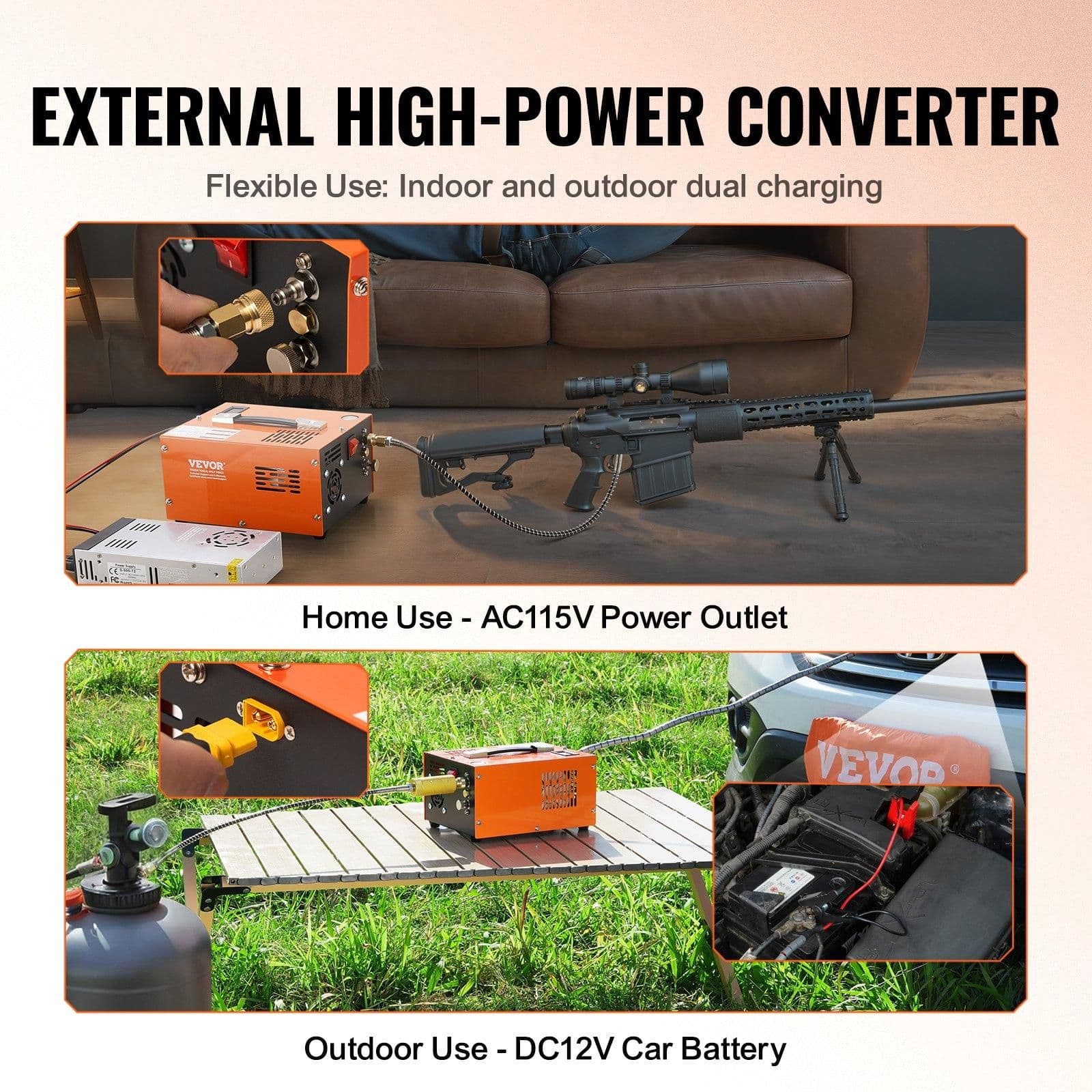 image-VEVOR PCP Air Compressor, 4500PSI/30Mpa Portable PCP Airgun Compressor with External Converter, DC12V, AC115V | Oil & Water-Free | Manual-Stop Air Rifle, Paintball and Scuba Tank Compressor Pump