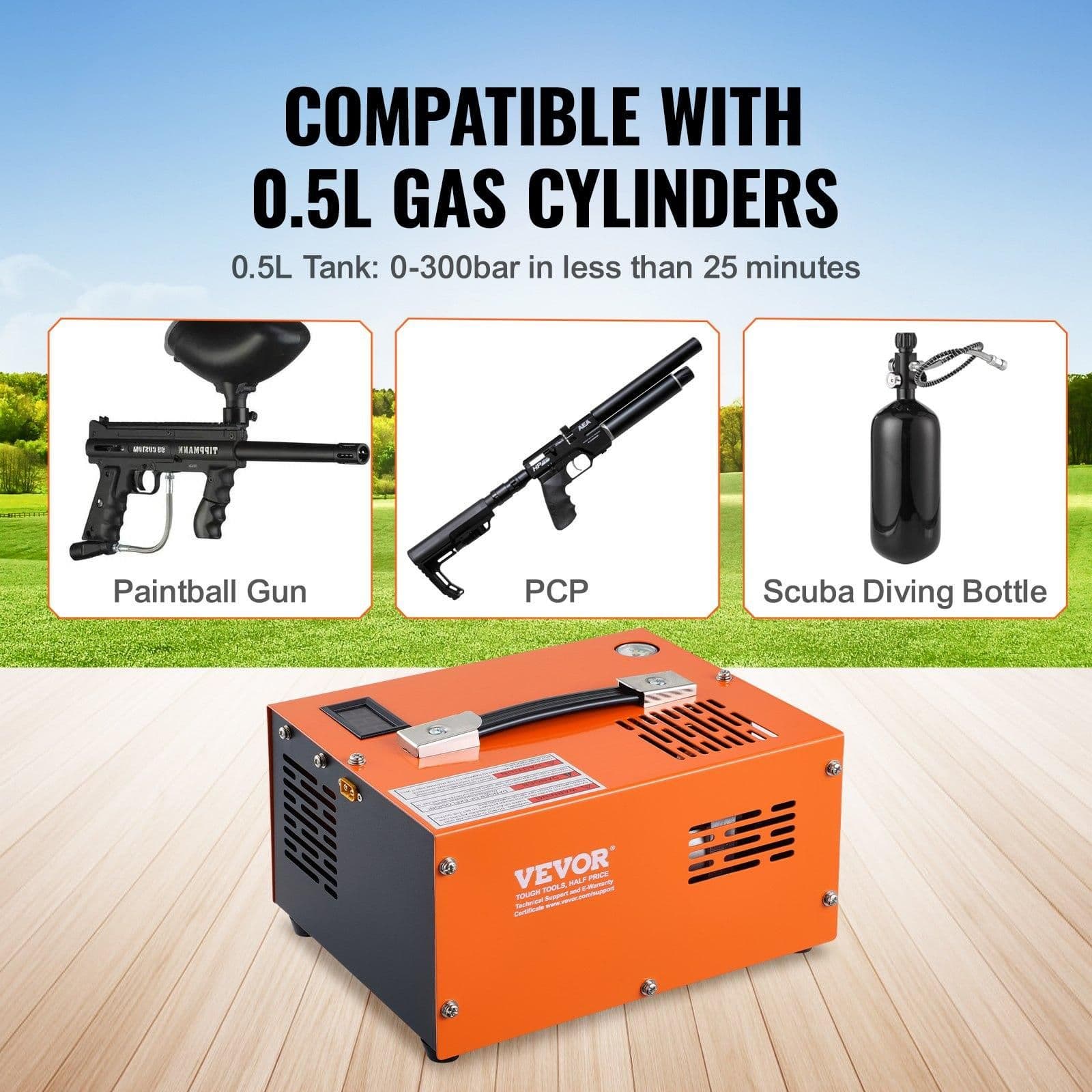 image-VEVOR PCP Air Compressor, 4500PSI/30Mpa Portable PCP Airgun Compressor with External Converter, DC12V, AC115V | Oil & Water-Free | Manual-Stop Air Rifle, Paintball and Scuba Tank Compressor Pump