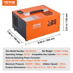 image-VEVOR PCP Air Compressor, 4500PSI/30Mpa Portable PCP Airgun Compressor with External Converter, DC12V, AC115V | Oil & Water-Free | Manual-Stop Air Rifle, Paintball and Scuba Tank Compressor Pump