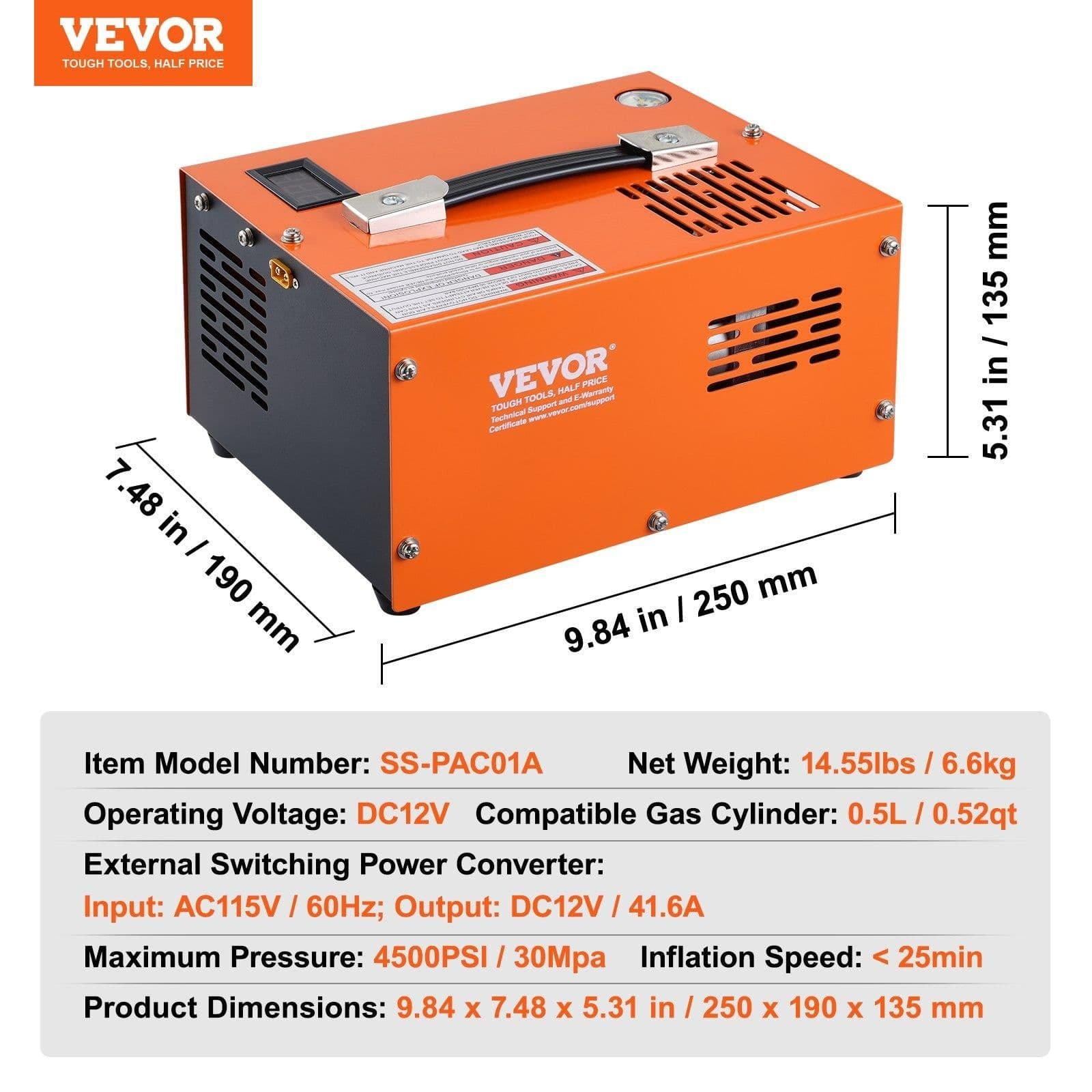 image-VEVOR PCP Air Compressor, 4500PSI/30Mpa Portable PCP Airgun Compressor with External Converter, DC12V, AC115V | Oil & Water-Free | Manual-Stop Air Rifle, Paintball and Scuba Tank Compressor Pump