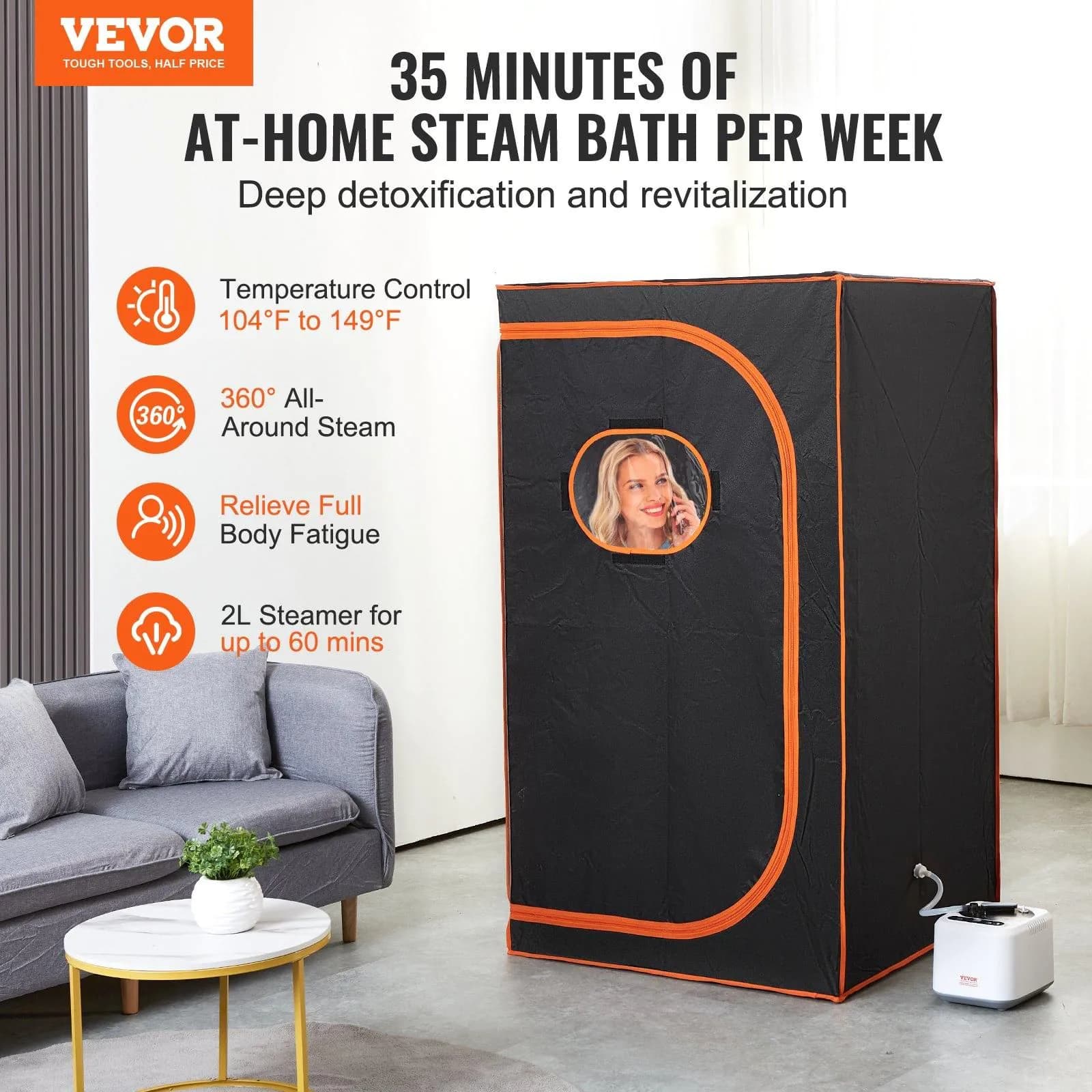 image-VEVOR Portable Steam Sauna Tent Full Size, 1000W Personal Sauna Blanket Kit for Home Spa, Detoxify & Soothing Heated Body Therapy, Time & Temperature Remote Control With Floor Mat