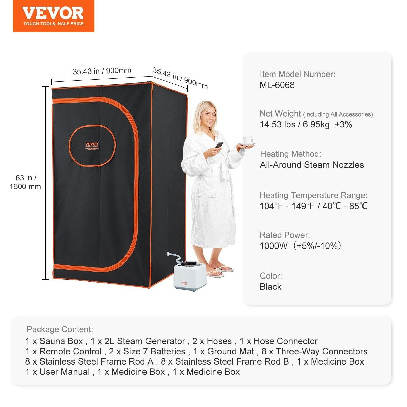 image-VEVOR Portable Steam Sauna Tent Full Size, 1000W Personal Sauna Blanket Kit for Home Spa, Detoxify & Soothing Heated Body Therapy, Time & Temperature Remote Control With Floor Mat
