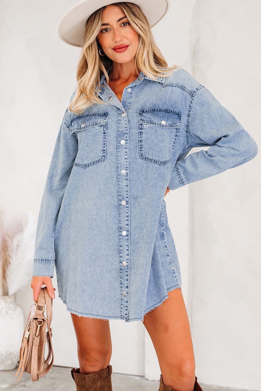 image-Blue Denim Shirt Dress Chest Pocket Raw Hem Loose