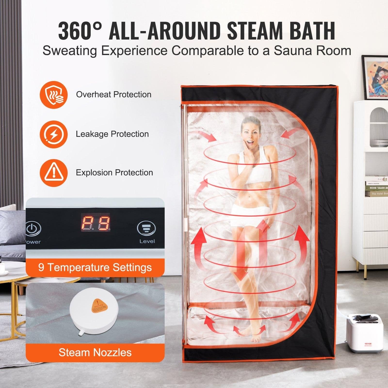 image-VEVOR Portable Steam Sauna Tent Full Size, 1000W Personal Sauna Blanket Kit for Home Spa, Detoxify & Soothing Heated Body Therapy, Time & Temperature Remote Control With Floor Mat