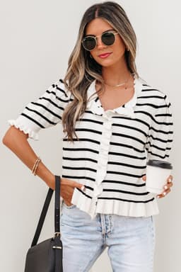 image-Stripped Beige Stripe Knit Short Sleeve Sweater Cardigan