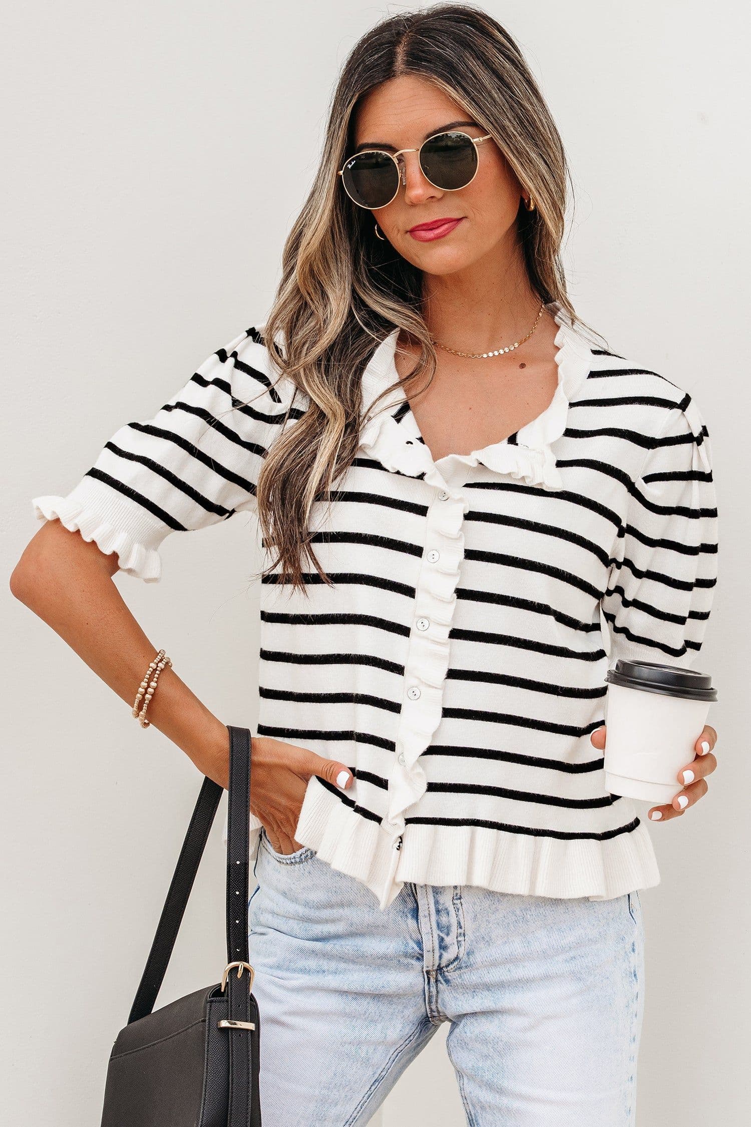 image-Stripped Beige Stripe Knit Short Sleeve Sweater Cardigan