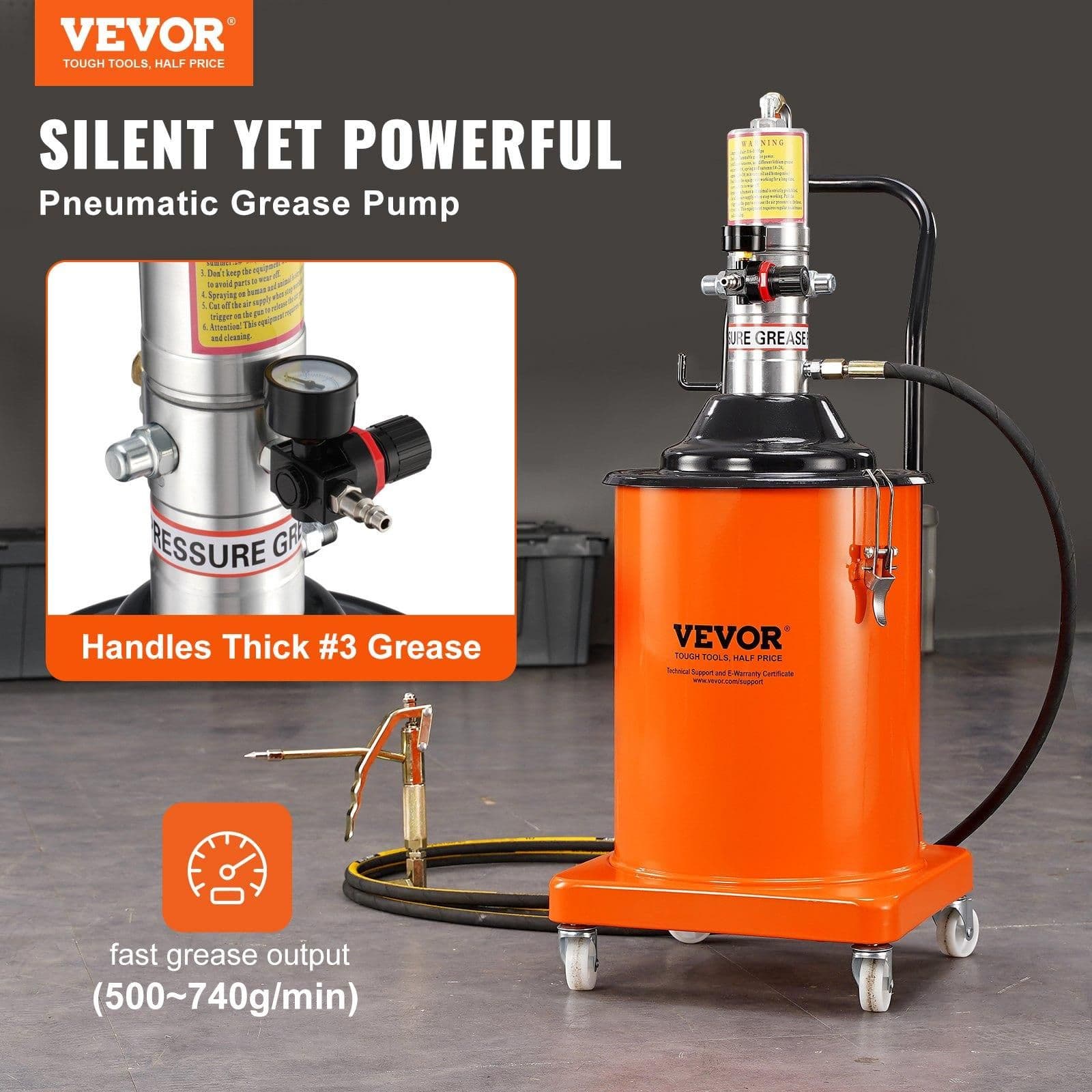 image-VEVOR Grease Pump, 5 Gallon 20L, Air Operated Grease Pump with 13 ft High Pressure Hose and Grease Gun, Pneumatic Grease Bucket Pump with Wheels, Portable Lubrication Grease Pump 50:1 Pressure Ratio
