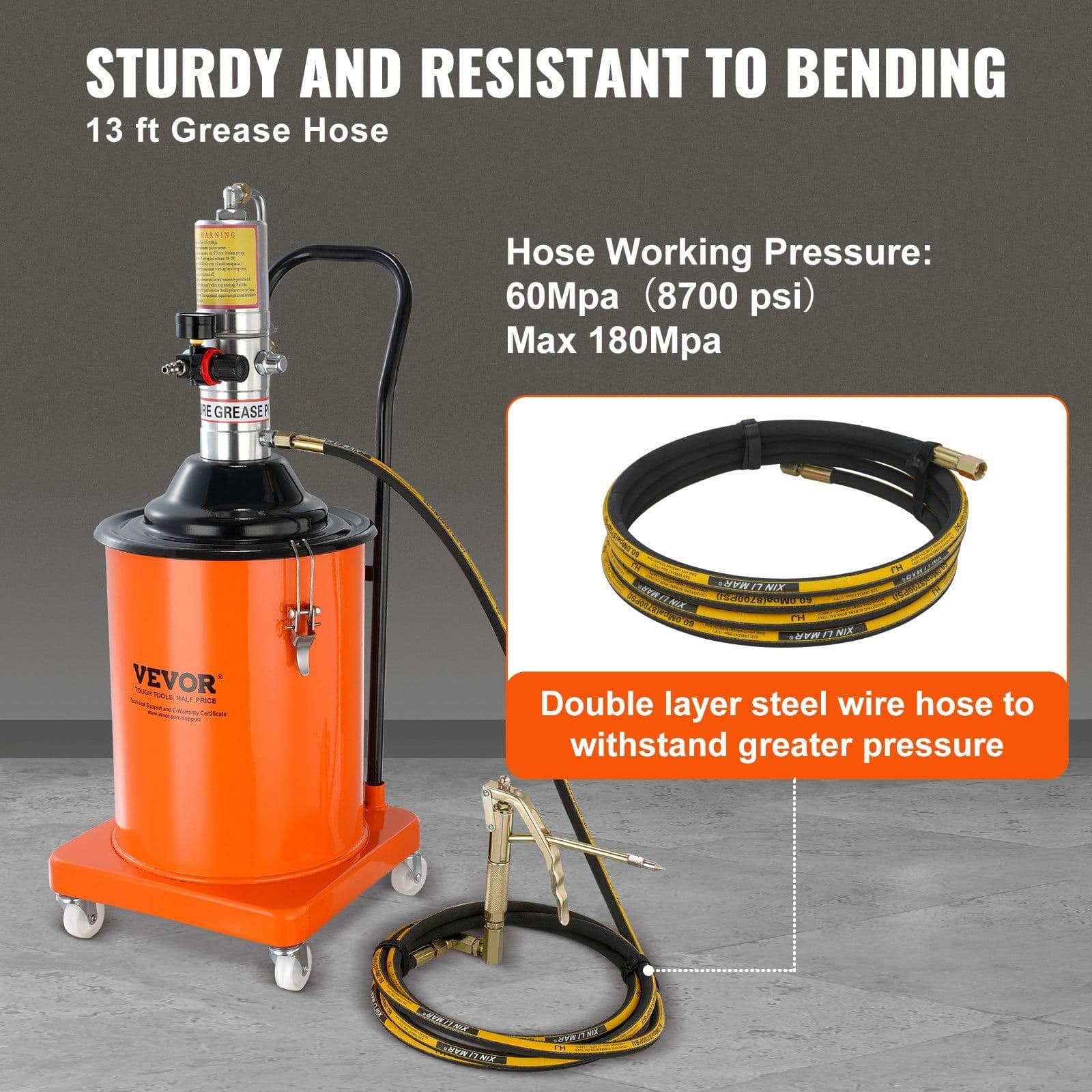 image-VEVOR Grease Pump, 5 Gallon 20L, Air Operated Grease Pump with 13 ft High Pressure Hose and Grease Gun, Pneumatic Grease Bucket Pump with Wheels, Portable Lubrication Grease Pump 50:1 Pressure Ratio