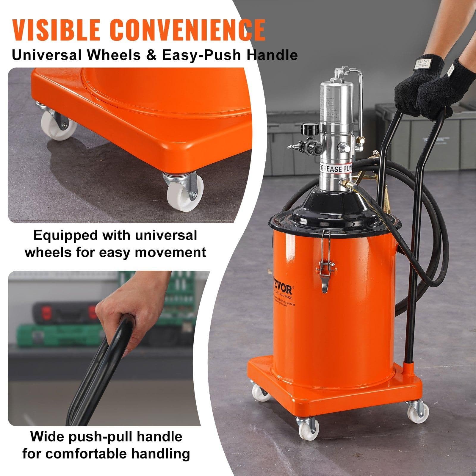 image-VEVOR Grease Pump, 5 Gallon 20L, Air Operated Grease Pump with 13 ft High Pressure Hose and Grease Gun, Pneumatic Grease Bucket Pump with Wheels, Portable Lubrication Grease Pump 50:1 Pressure Ratio