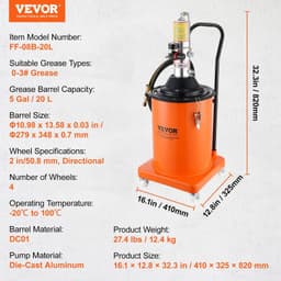 image-VEVOR Grease Pump, 5 Gallon 20L, Air Operated Grease Pump with 13 ft High Pressure Hose and Grease Gun, Pneumatic Grease Bucket Pump with Wheels, Portable Lubrication Grease Pump 50:1 Pressure Ratio