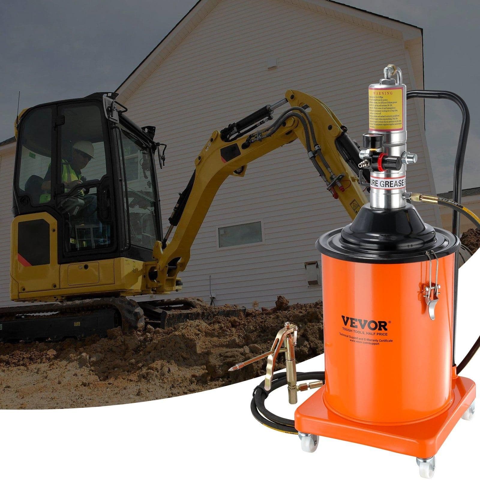 image-VEVOR Grease Pump, 5 Gallon 20L, Air Operated Grease Pump with 13 ft High Pressure Hose and Grease Gun, Pneumatic Grease Bucket Pump with Wheels, Portable Lubrication Grease Pump 50:1 Pressure Ratio