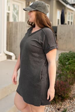 image-Carbon Grey Corded V Neck Plus Size T Shirt Dress
