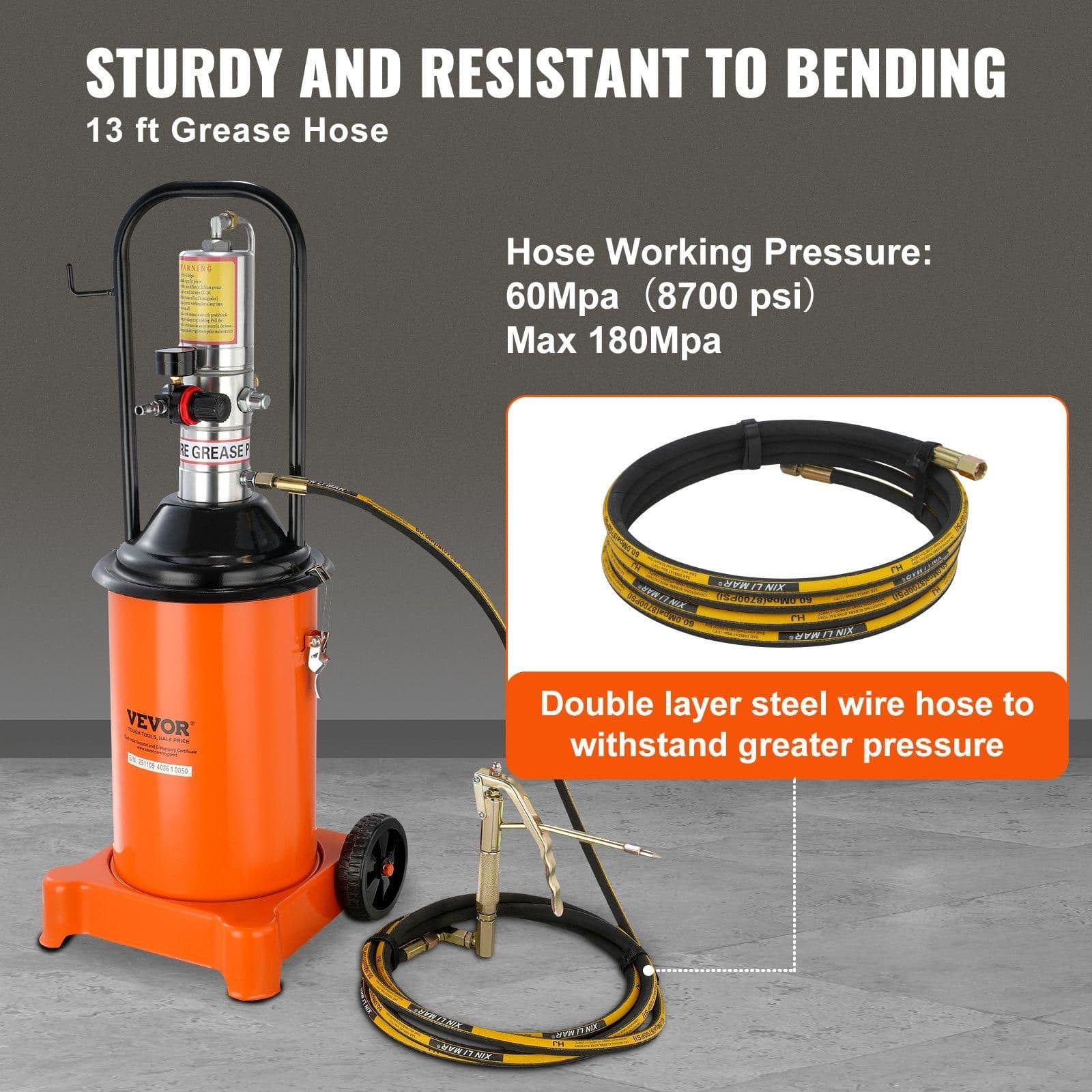image-VEVOR Grease Pump, 3 Gallon 12L, Air Operated Grease Pump with 13 ft High Pressure Hose and Grease Gun, Pneumatic Grease Bucket Pump with Wheels, Portable Lubrication Grease Pump 50:1 Pressure Ratio