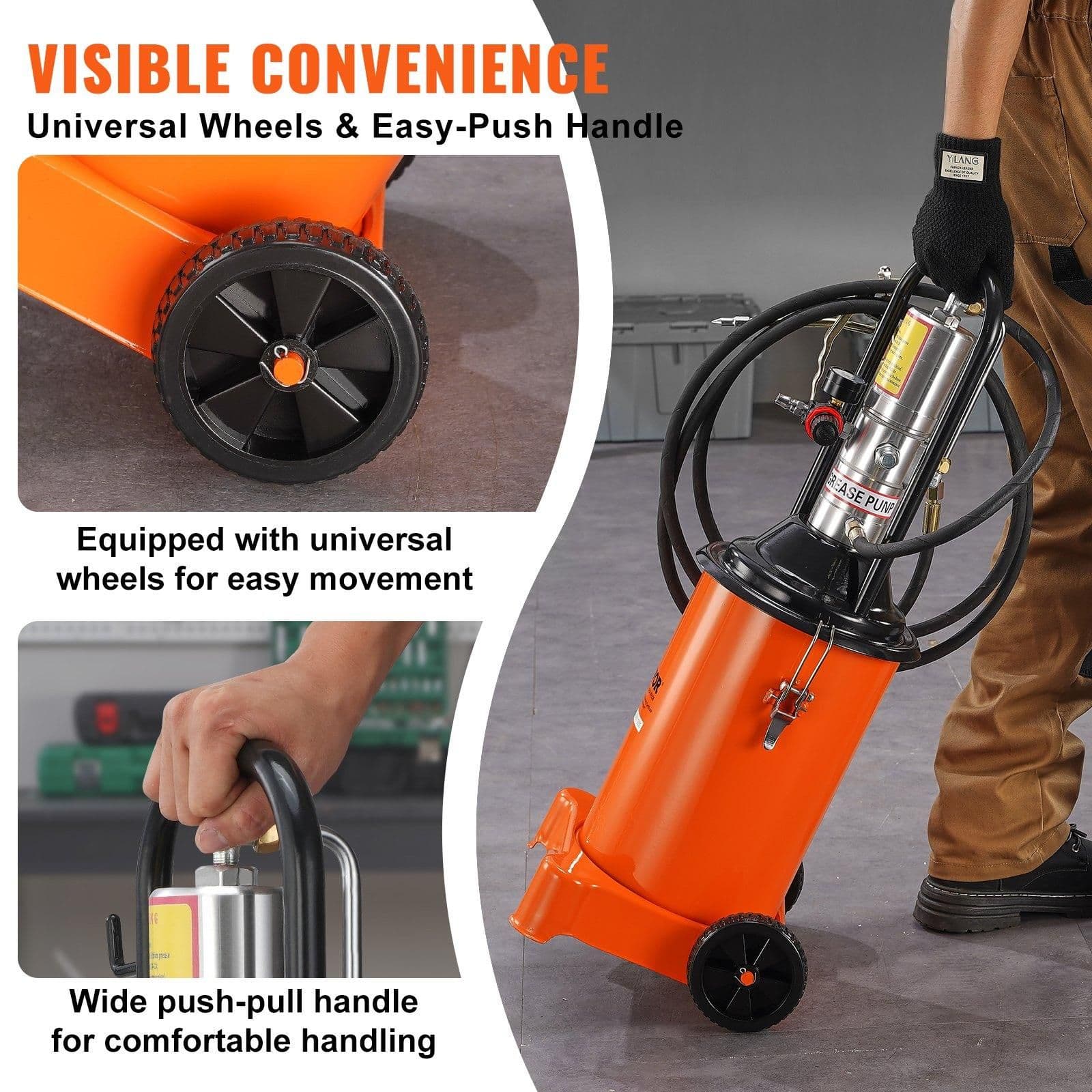 image-VEVOR Grease Pump, 3 Gallon 12L, Air Operated Grease Pump with 13 ft High Pressure Hose and Grease Gun, Pneumatic Grease Bucket Pump with Wheels, Portable Lubrication Grease Pump 50:1 Pressure Ratio