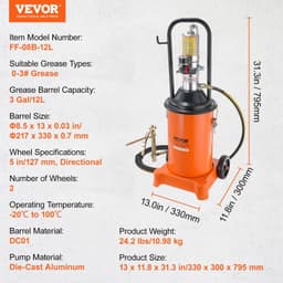 image-VEVOR Grease Pump, 3 Gallon 12L, Air Operated Grease Pump with 13 ft High Pressure Hose and Grease Gun, Pneumatic Grease Bucket Pump with Wheels, Portable Lubrication Grease Pump 50:1 Pressure Ratio
