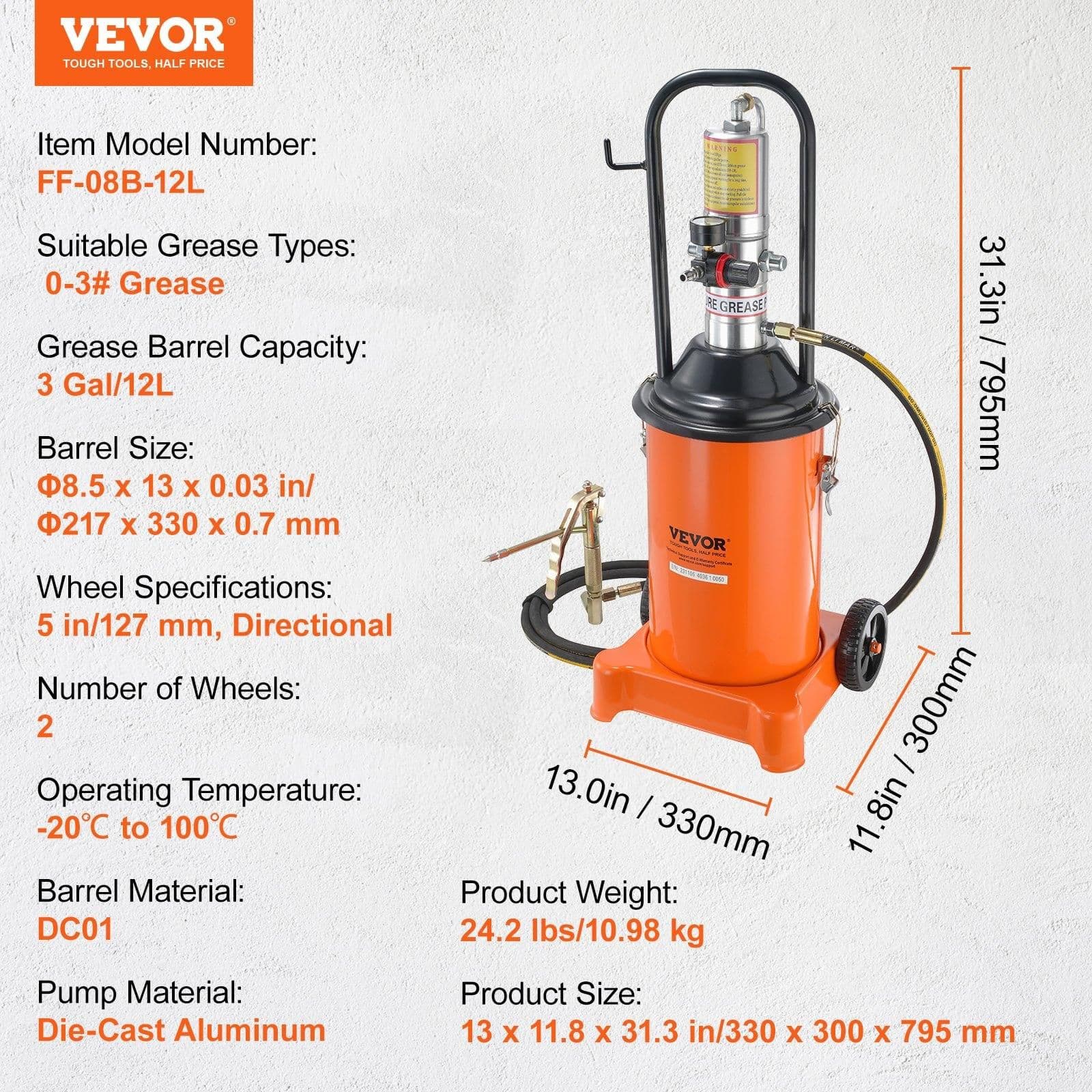 image-VEVOR Grease Pump, 3 Gallon 12L, Air Operated Grease Pump with 13 ft High Pressure Hose and Grease Gun, Pneumatic Grease Bucket Pump with Wheels, Portable Lubrication Grease Pump 50:1 Pressure Ratio