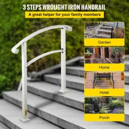 image-VEVOR 3-Step Handrails for Outdoor Steps Fits 1 or 3 Steps Matte White Stair Rail Wrought Iron Handrail with Installation Kit Hand Rails for Outdoor Step