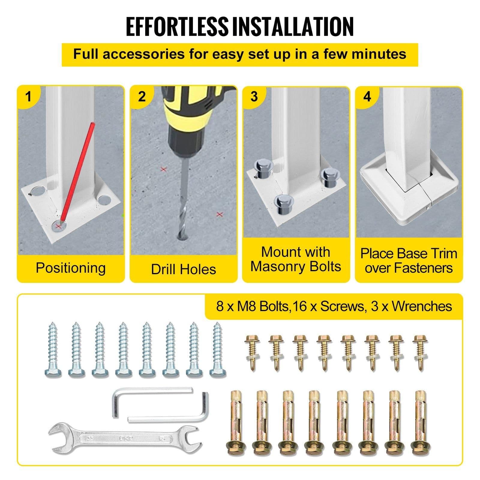 image-VEVOR 3-Step Handrails for Outdoor Steps Fits 1 or 3 Steps Matte White Stair Rail Wrought Iron Handrail with Installation Kit Hand Rails for Outdoor Step