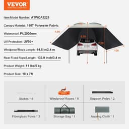 image-VEVOR Vehicle Awning, Large 10' x 7' Shade Coverage Car Side Awning, PU2000mm UV50+ Car Awning with Extended Side Canopies and Portable Storage Bag, Suitable for Truck, SUV, Van, Campers