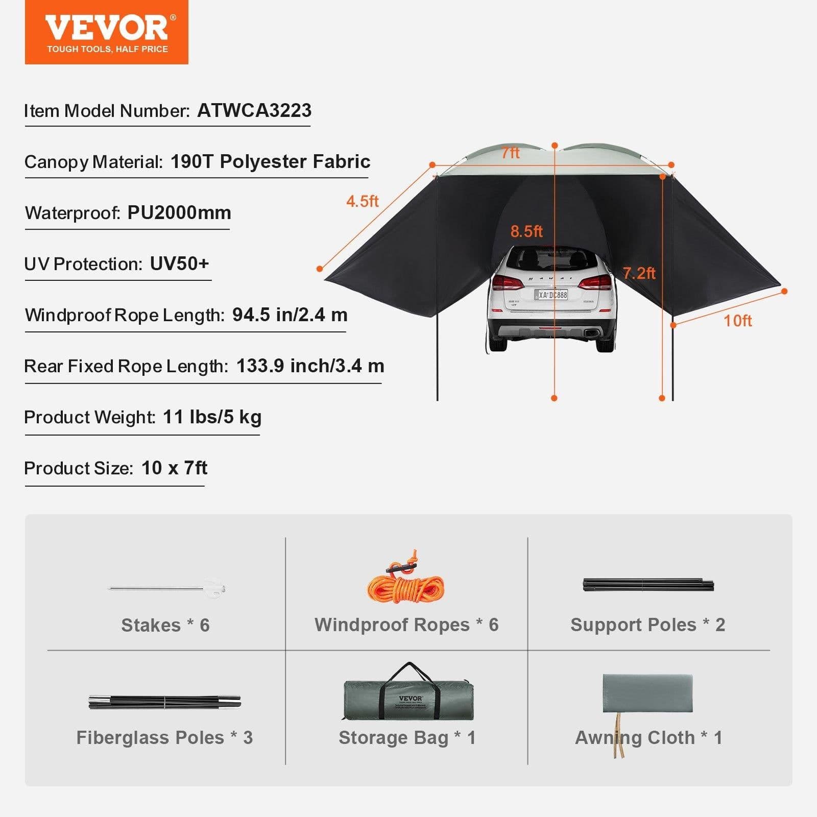 image-VEVOR Vehicle Awning, Large 10' x 7' Shade Coverage Car Side Awning, PU2000mm UV50+ Car Awning with Extended Side Canopies and Portable Storage Bag, Suitable for Truck, SUV, Van, Campers