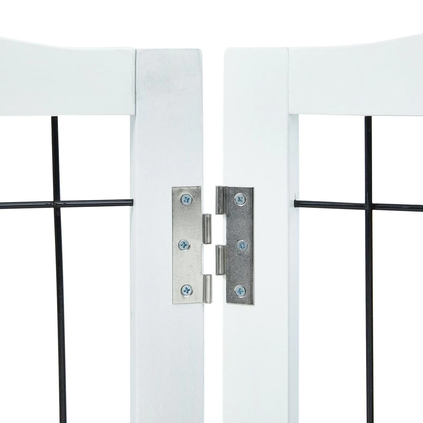image-VEVOR Free Standing Dog Gate, 32" H x 96.5" W Freestanding Pet Gate, 4 Panels Foldable Dog Gate for Wide and Narrow Passageways, Expandable Dog Barrier with Silent Foot Support for Indoor, White