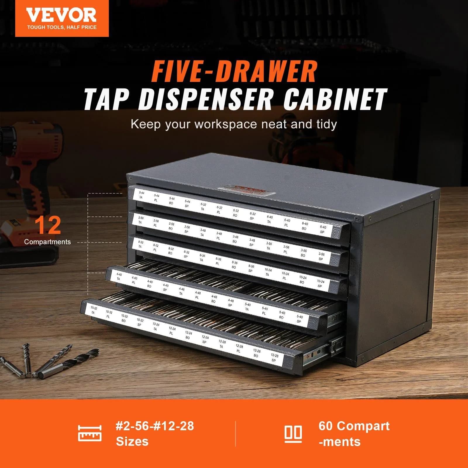 image-VEVOR Tap Dispenser Cabinet, Five-Drawer Tap Organizer Cabinet for #2-56-#12-28 Steel Tap Dispenser Organizer Cabinet with Labels, 60-Compartment Stackable Tap Cabinet for Tap Storage